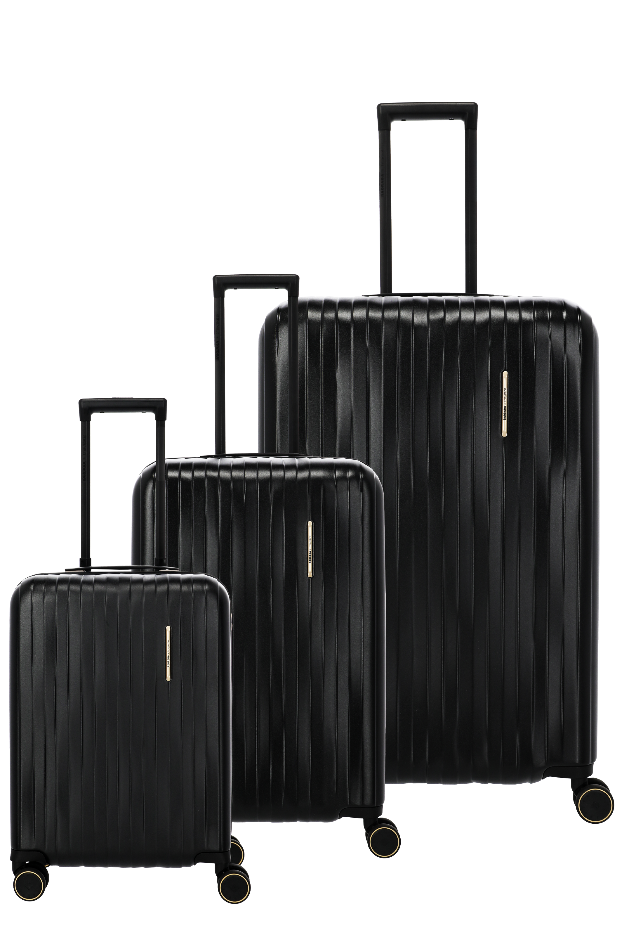 Koffer-Set in drei Größen, Hartschale, schwarz, mit Rollen und Teleskopgriff – elegantes Reisegepäck Dreiteiliges schwarzes Kofferset mit Hartschale, vier Rollen und Teleskopgriffen für komfortables Reisen