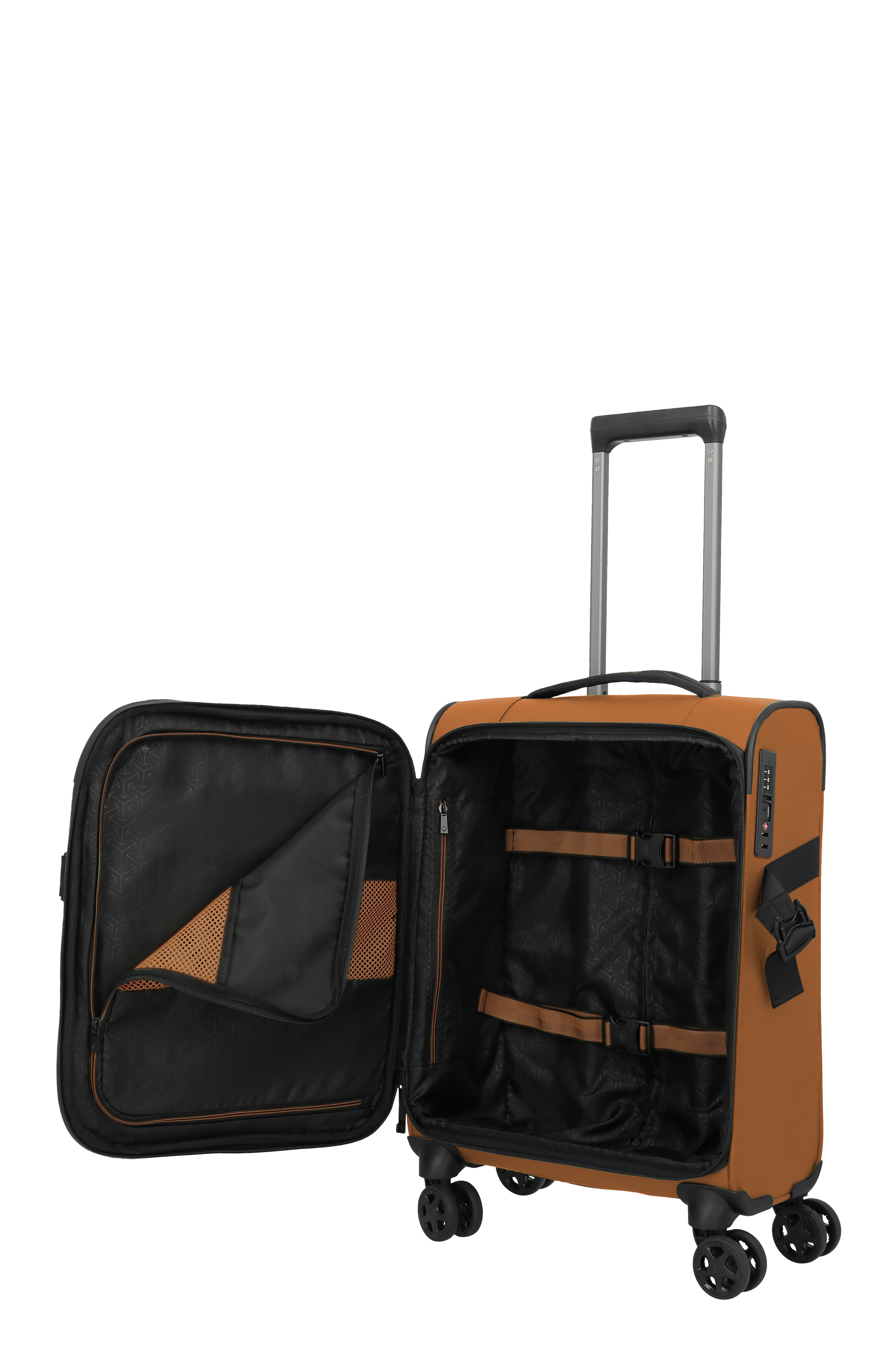 Moderner Trolley-Koffer in Braun mit vier Rollen, geöffnet und mit praktischen Innenfächern