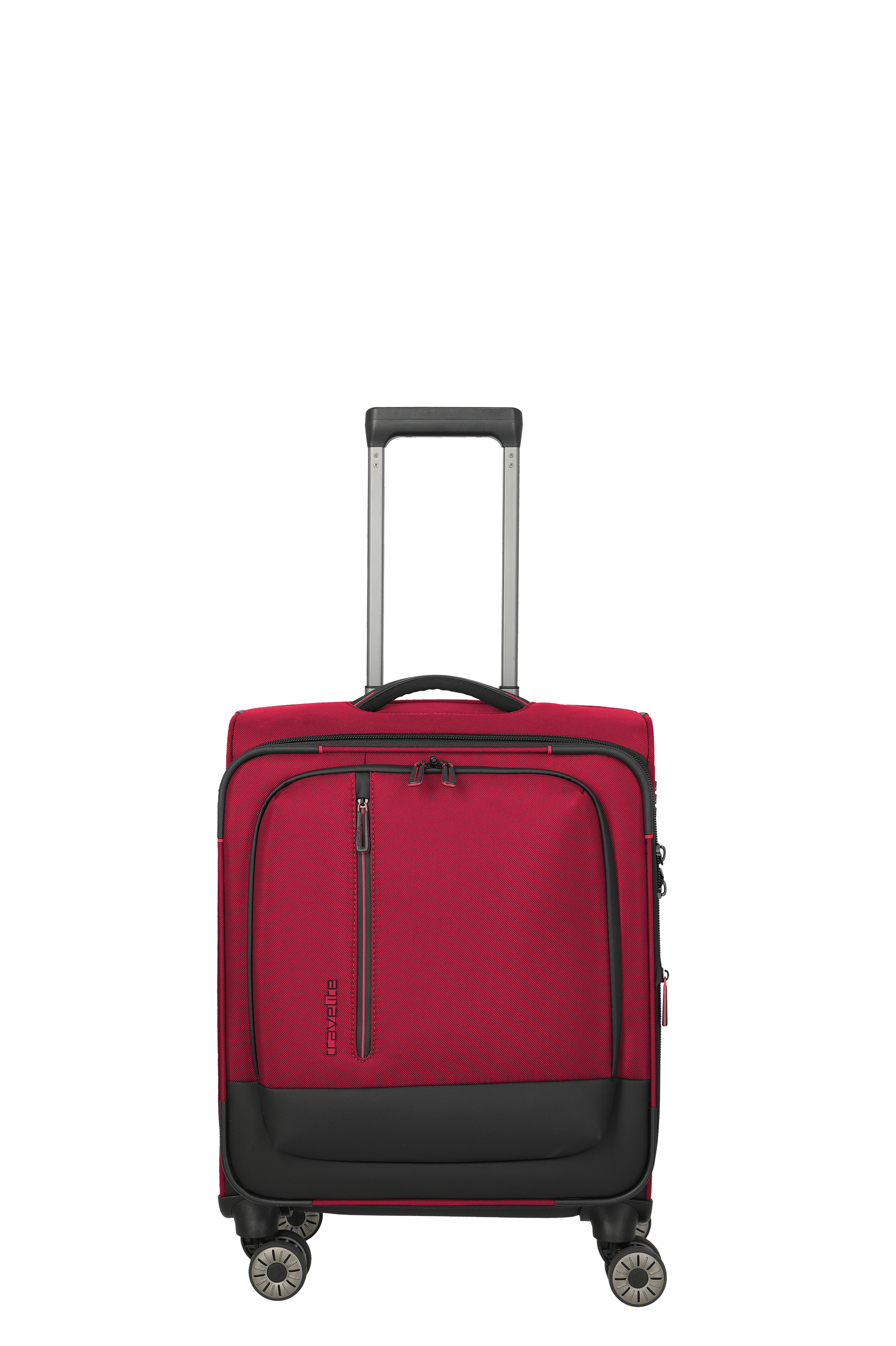 Roter Travelite Handgepäck-Trolley mit vier Rollen und ausziehbarem Teleskopgriff auf weißem Hintergrund