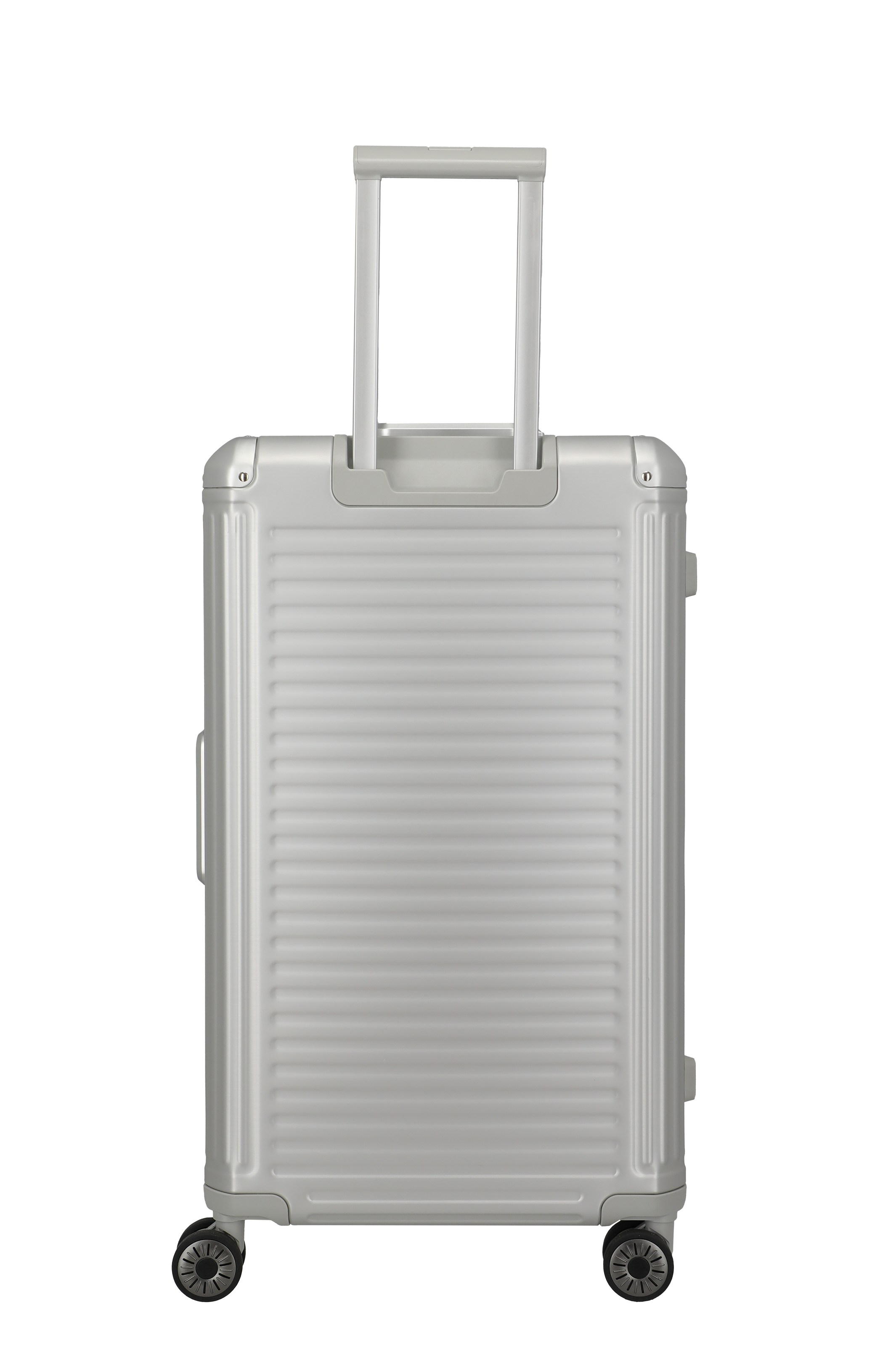 Stabiler silberner Hartschalenkoffer mit Teleskopgriff und vier Rollen