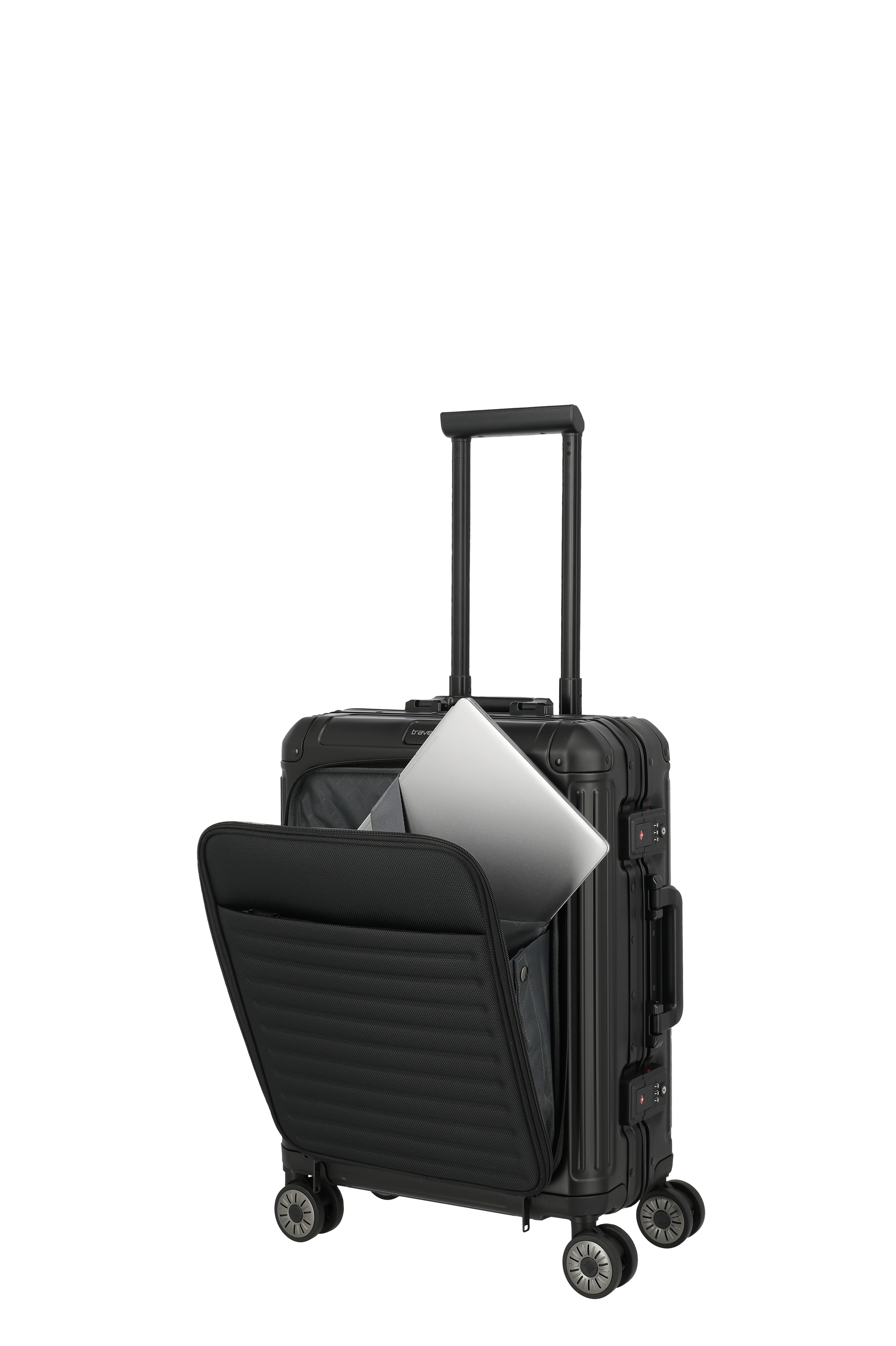 Moderner schwarzer Trolley-Koffer mit Laptopfach und herausziehbarem Griff, ideal für Geschäftsreisen