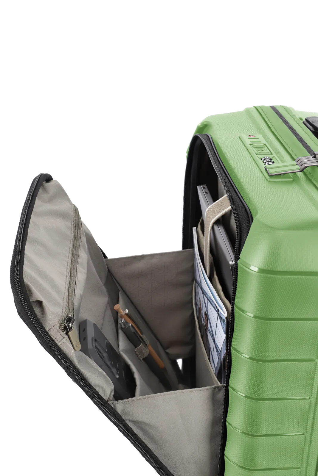 Mooby in Gruen Groesse S mit Vortasche Seitenansicht mit offener Vortasche