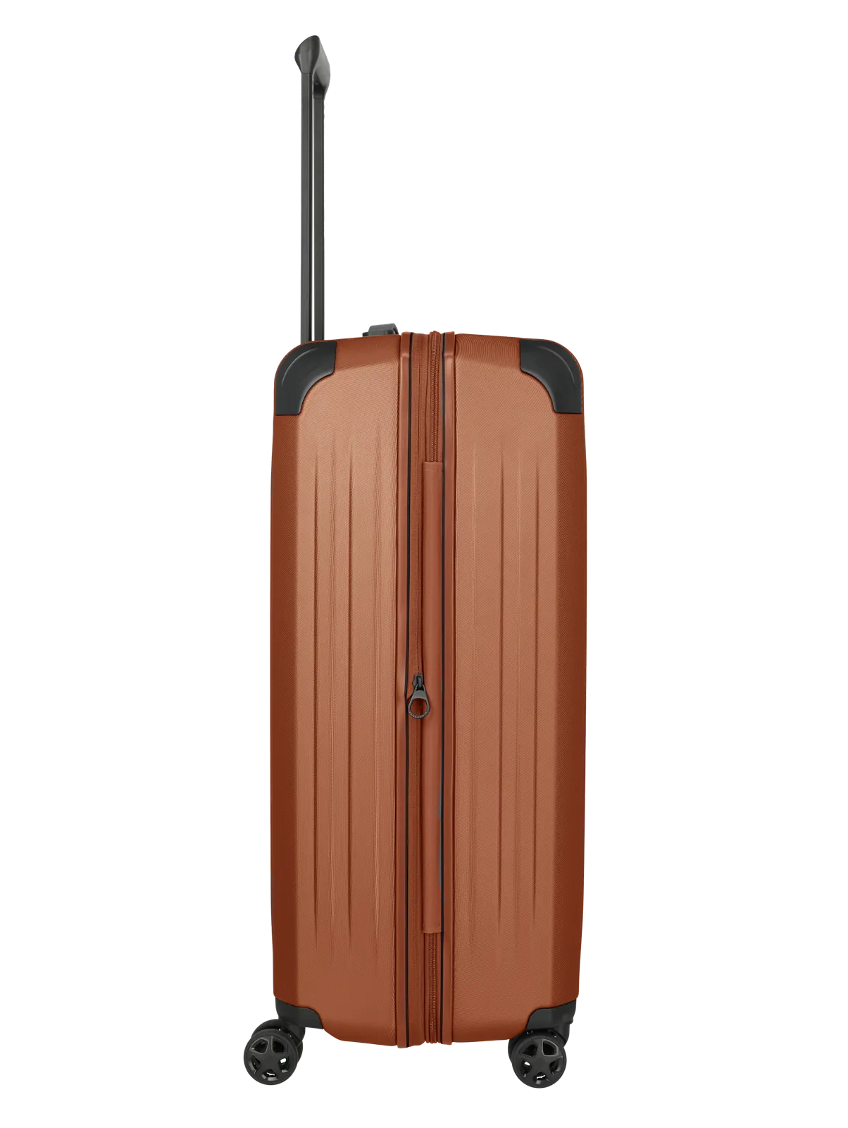 Moderner brauner Hartschalenkoffer mit Teleskopgriff und vier Rollen