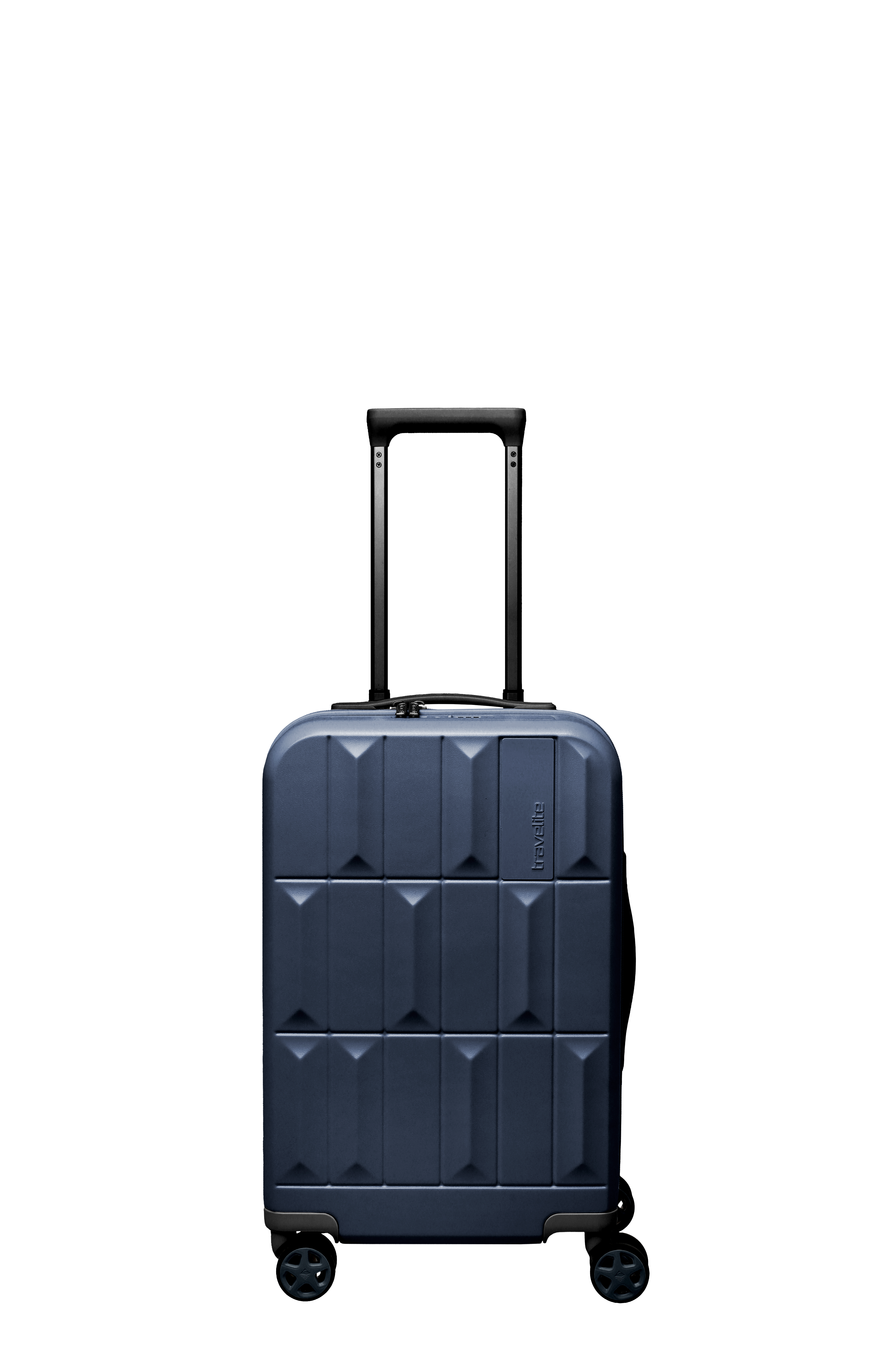 A blue hard-shell suitcase stands on four wheels in front of a black background. The case has a telescopic handle that extends upwards. The case is decorated with an embossed geometric pattern of rectangles and pyramids.