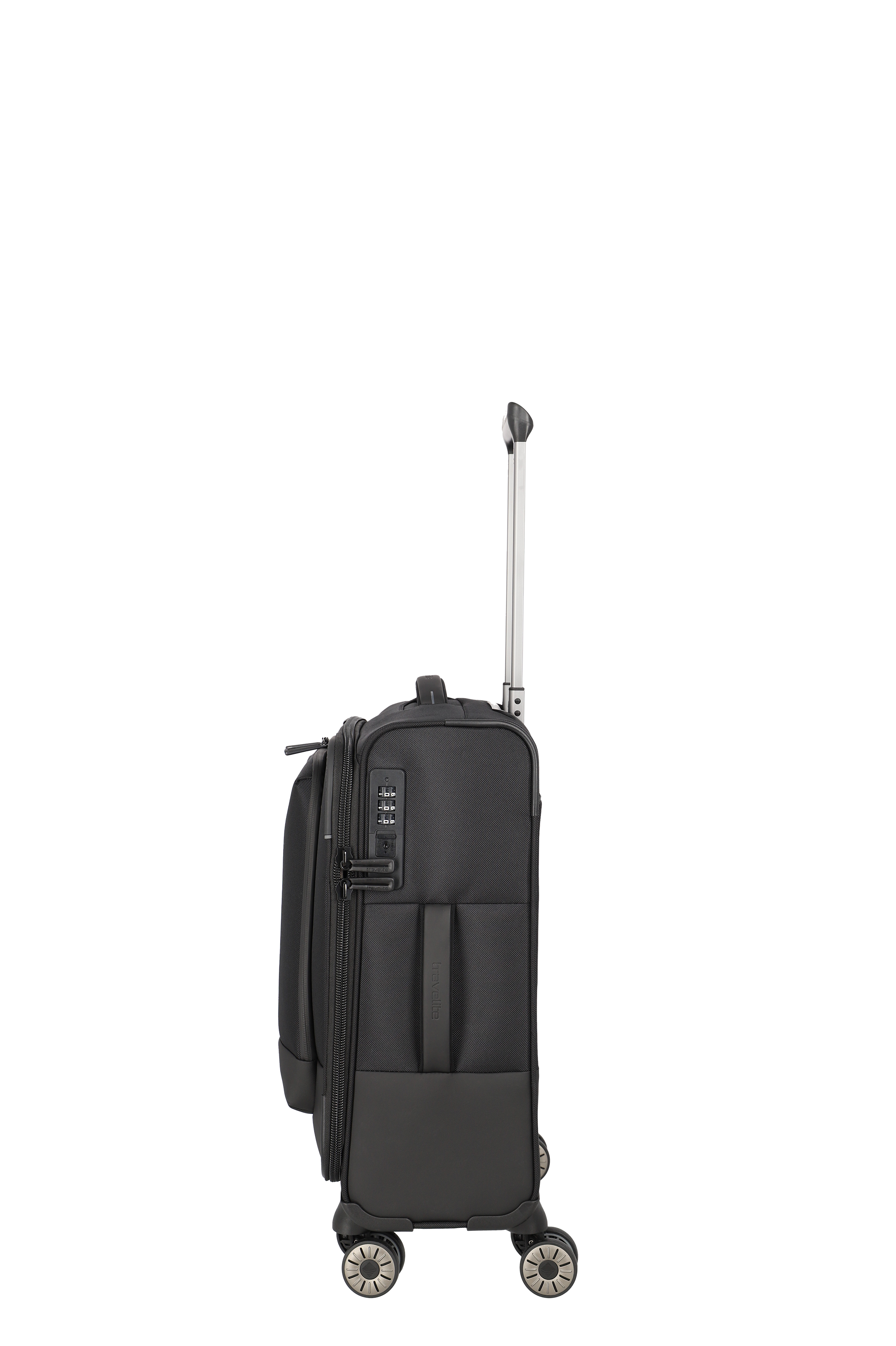 Schwarzer Trolley-Koffer mit Zahlenschloss und vier Rollen – Seitenansicht