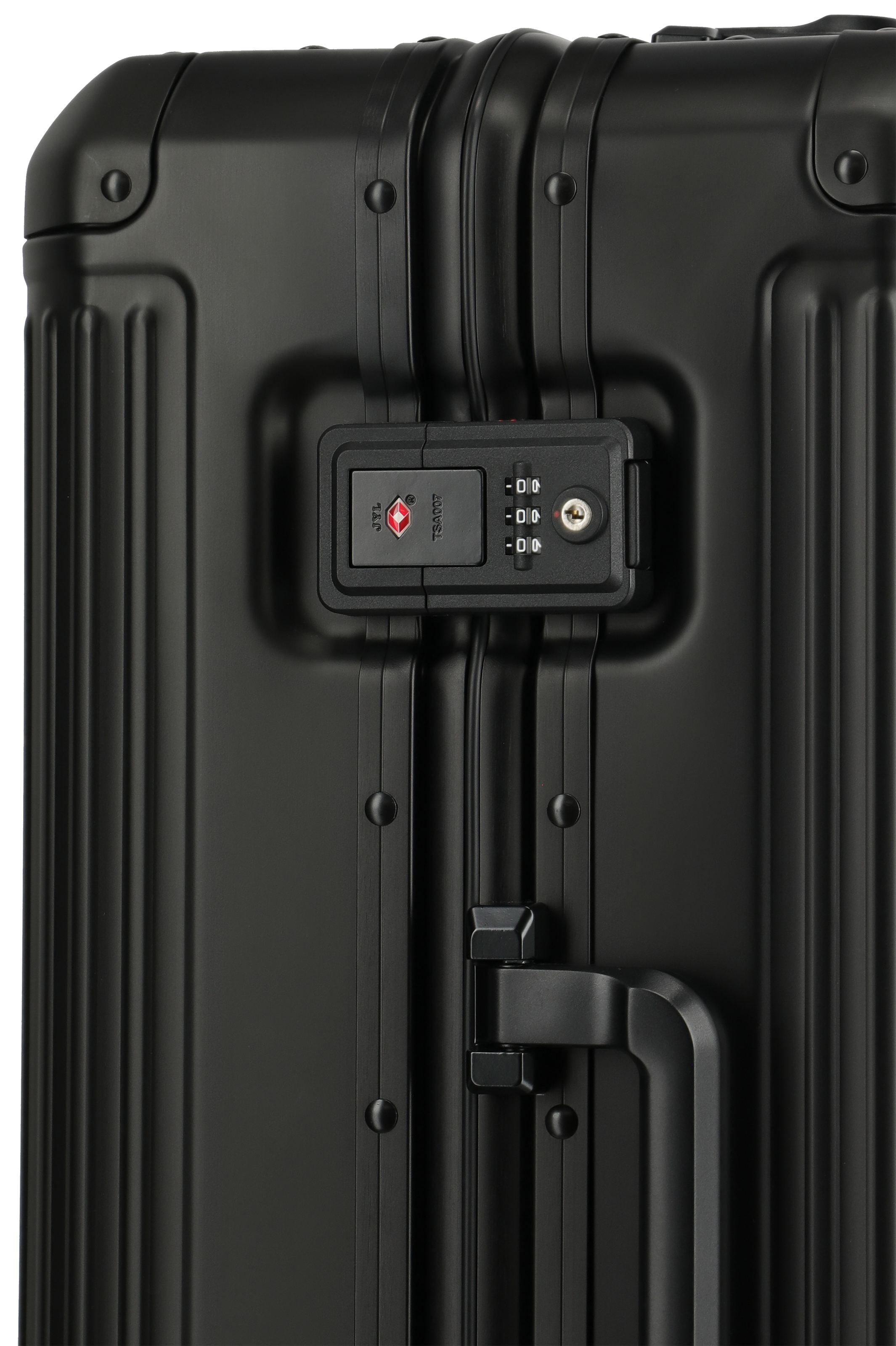 Detailansicht eines schwarzen Hartschalenkoffers mit TSA-Zahlenschloss