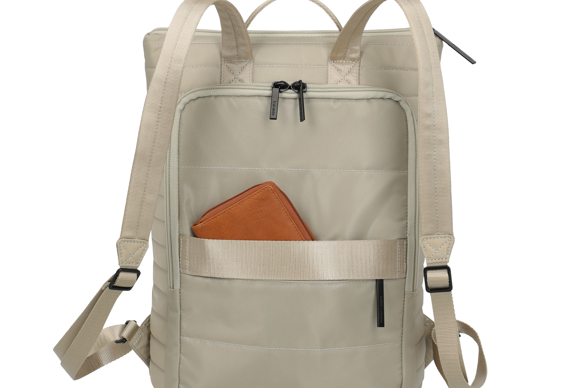 Beiger Rucksack mit brauner Geldbörse in der Außentasche – praktisches, modernes Design Rückansicht eines beigen Rucksacks mit zwei Schulterriemen und brauner Geldbörse in der Vordertasche
