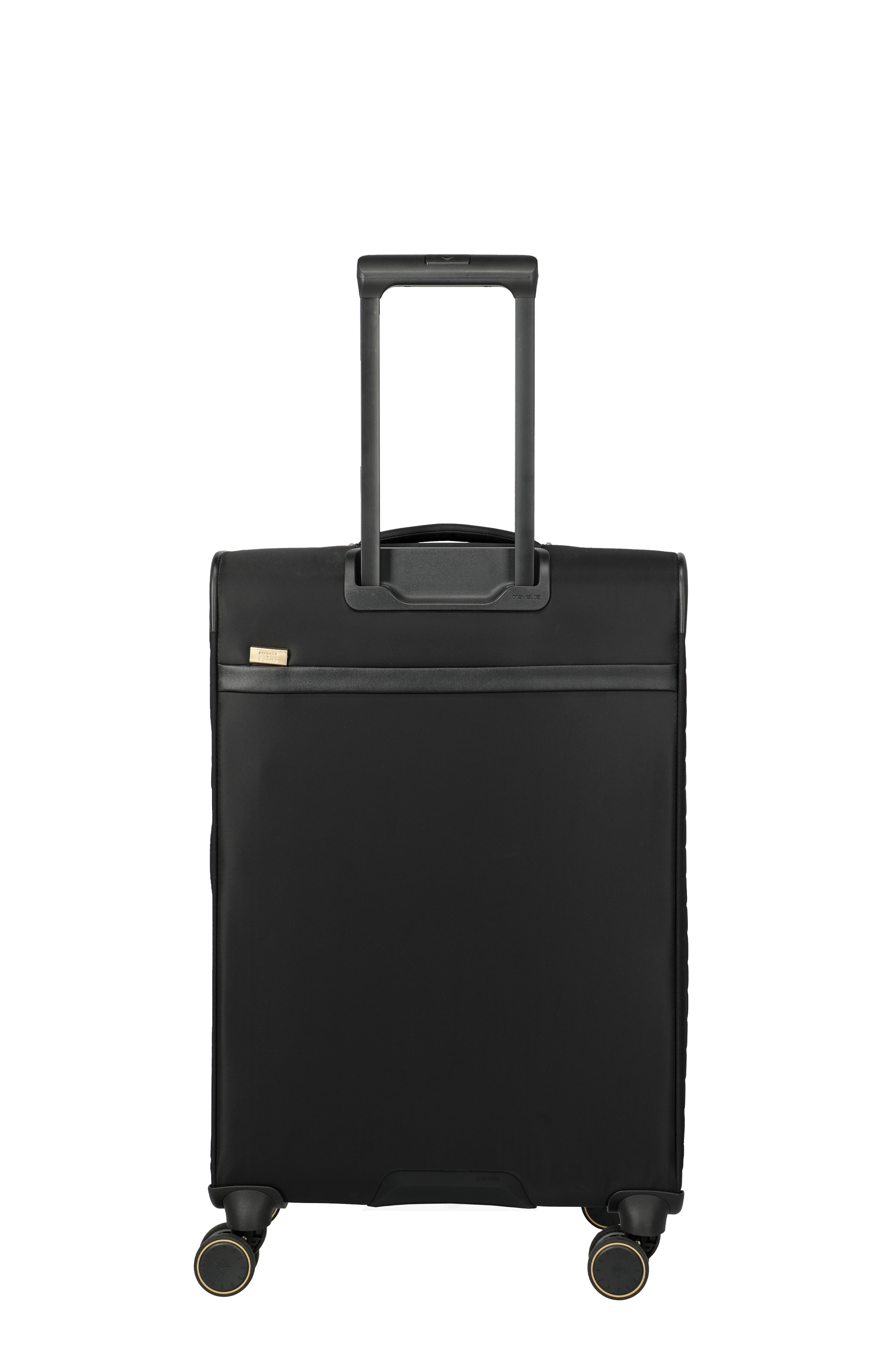 Schwarzer Trolley-Koffer mit vier Rollen und ausziehbarem Griff – Ansicht von hinten