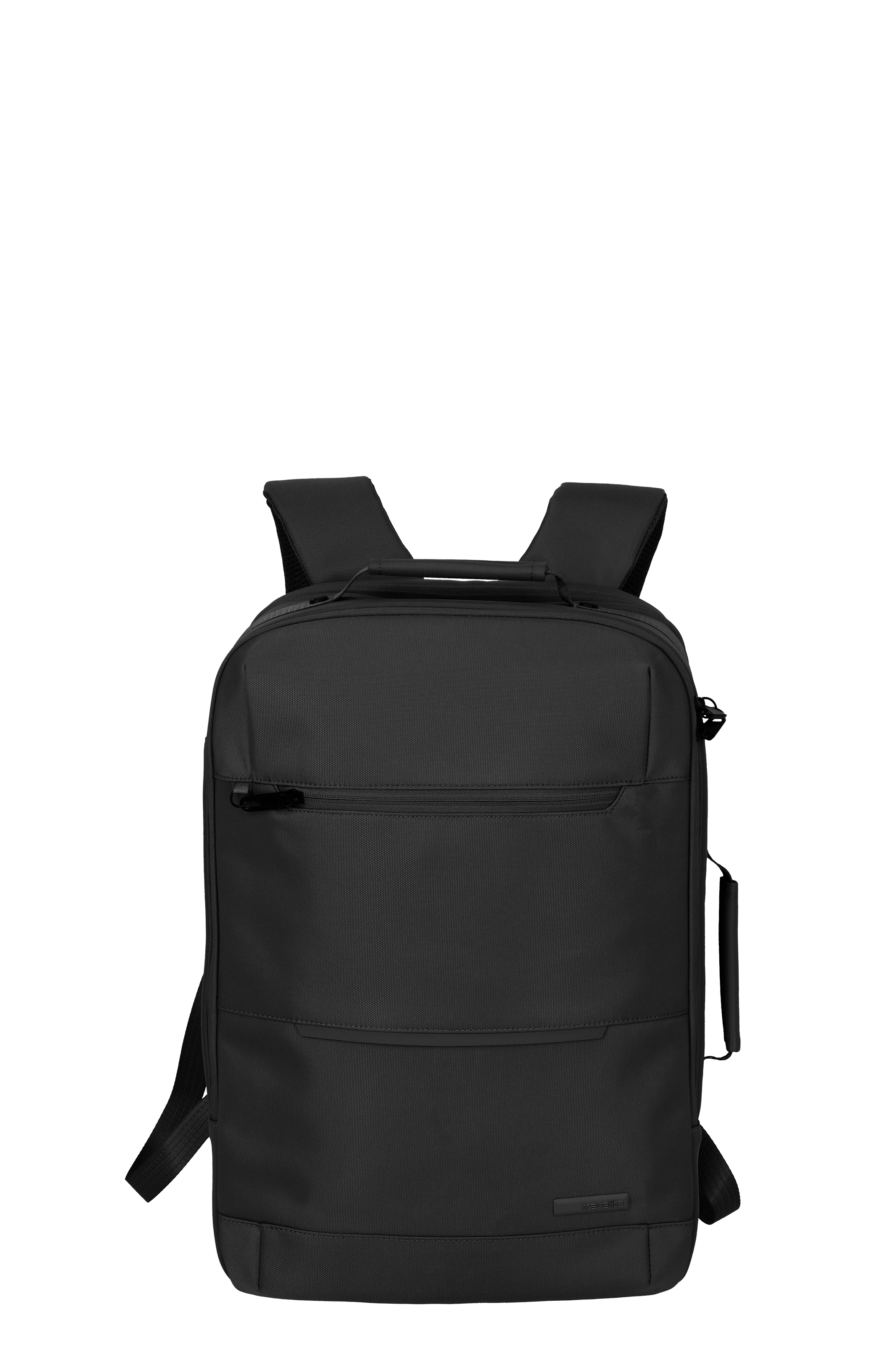 Moderno zaino nero con cerniere e spallacci imbottiti, ideale per laptop e materiale da ufficio