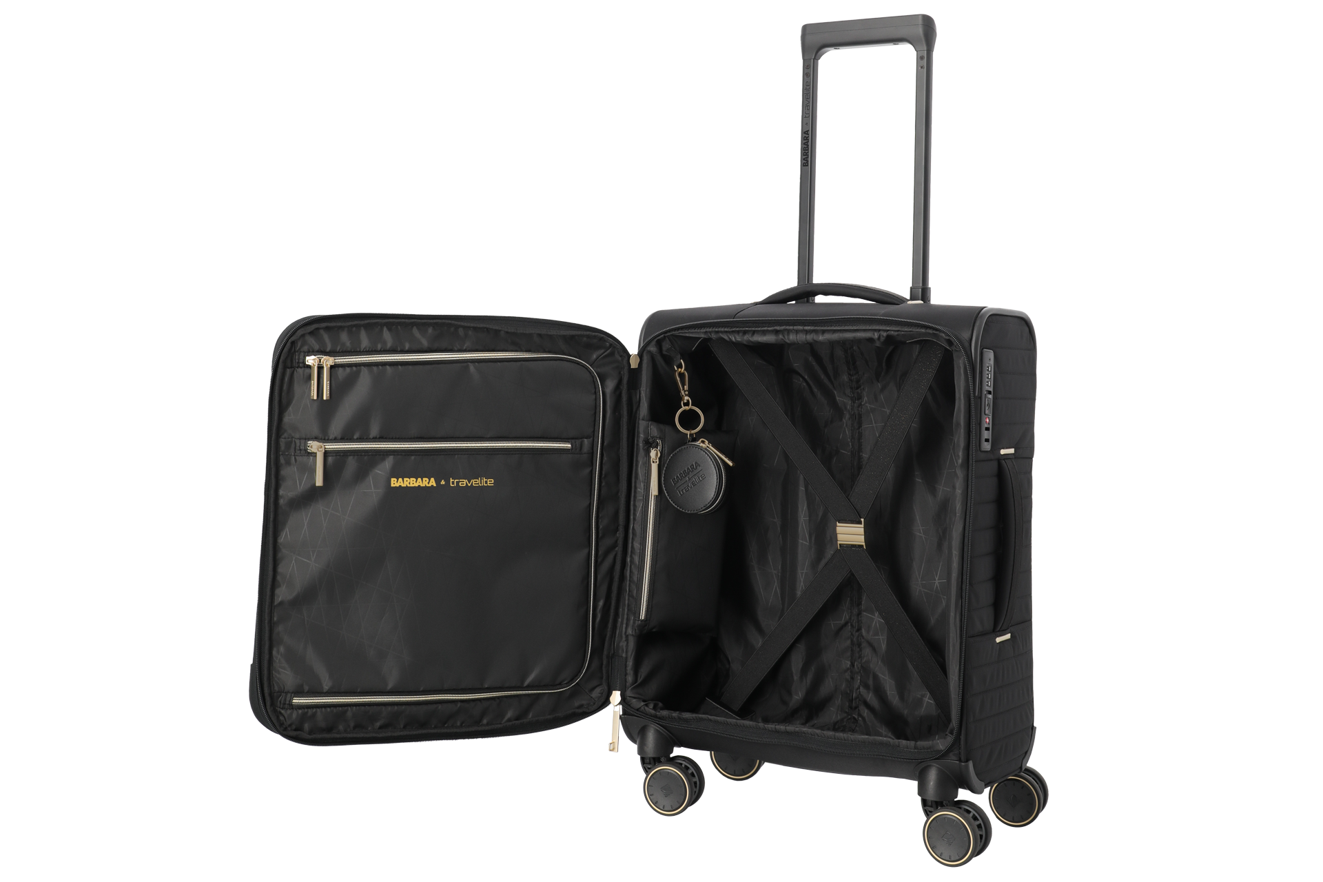 Schwarzer Trolley BARBARA x travelite mit geöffnetem Innenfach, 4 Rollen und ausziehbarem Griff Geöffneter schwarzer Koffer von BARBARA x travelite mit mehreren Innenfächern, Kreuzspanngurten und vier Rollen