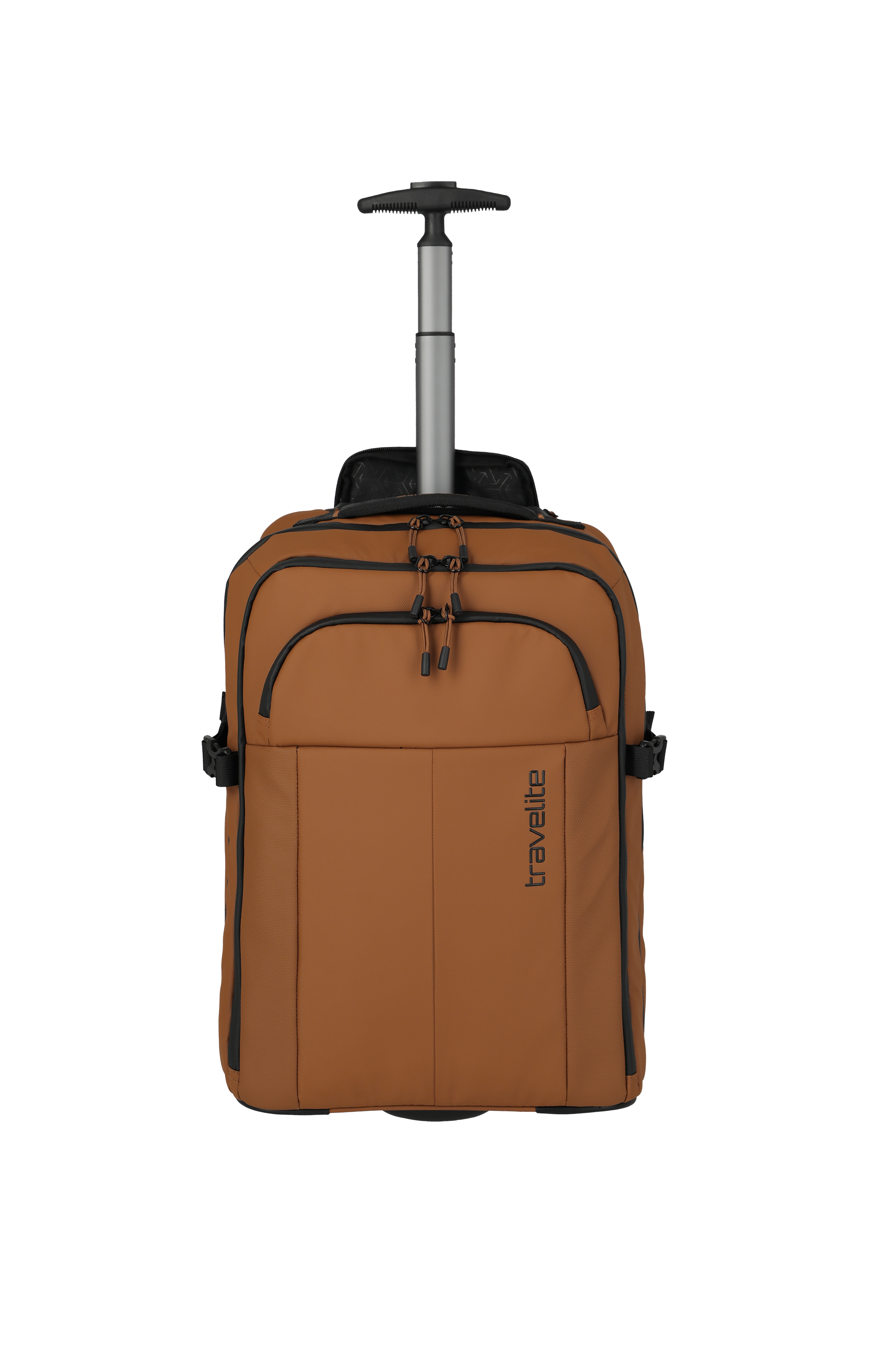 Brauner Travelite Trolley mit mehreren Reißverschlussfächern und ausziehbarem Teleskopgriff, ideal als Handgepäck