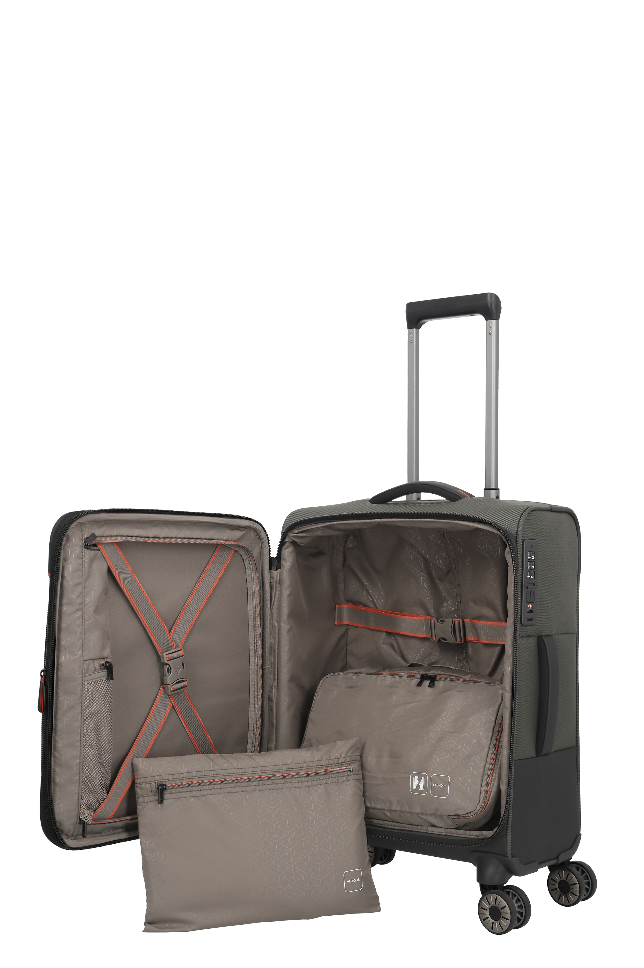 Offener Reisetrolley mit Packtaschen und Trennwand, stabile Rollen und ausziehbarem Griff