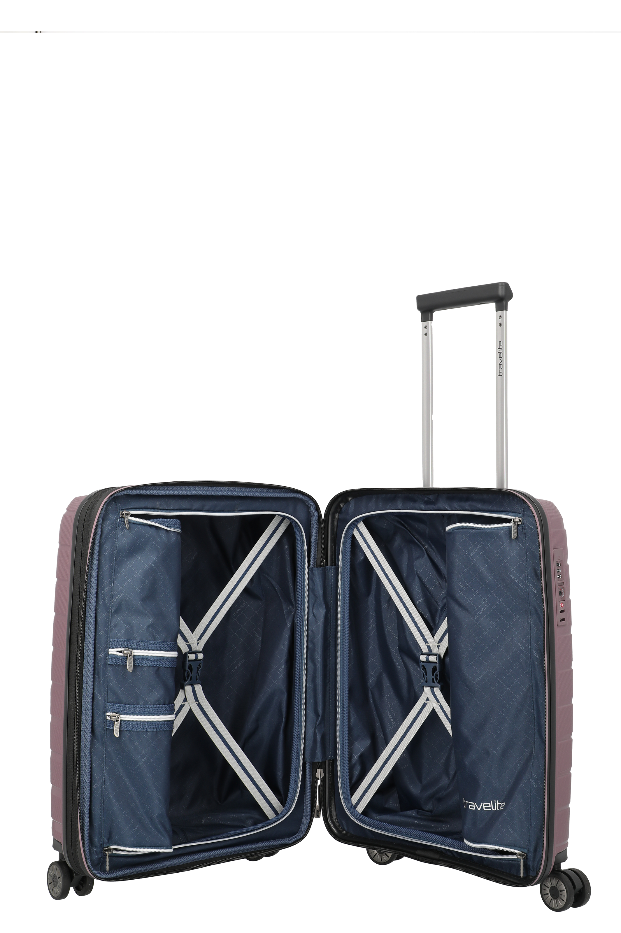 Geöffneter Hartschalenkoffer mit Innenfächern und Spanngurten in Blau, ideal für organisierte Reisen