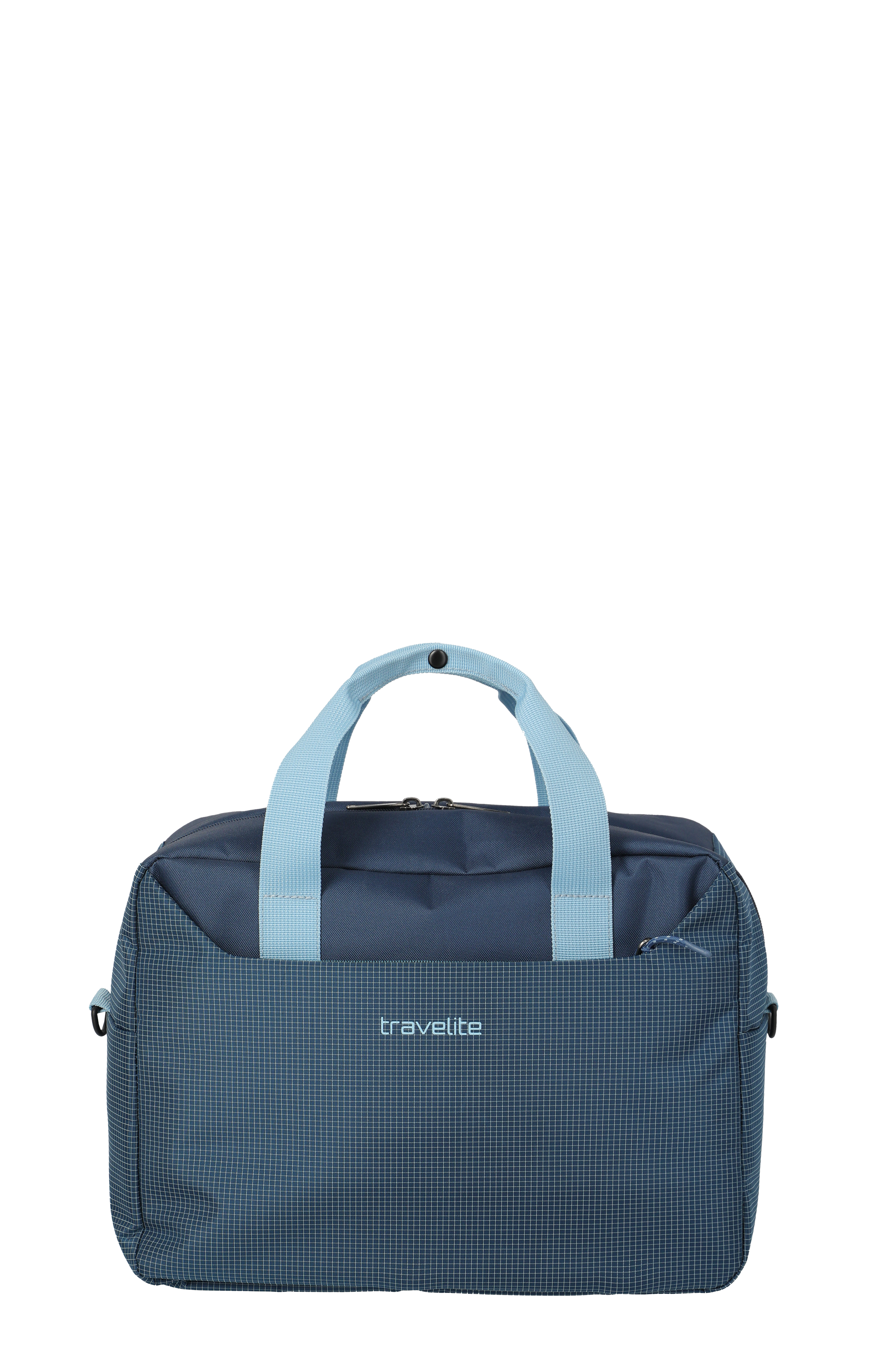 Eine dunkelblaue Reisetasche von Travelite vor schwarzem Hintergrund. Die Tasche hat hellblaue Tragegriffe und ein quadratisches Gittermuster auf der unteren Hälfte. Das Travelite-Logo ist mittig aufgedruckt. Der Reißverschluss ist oben sichtbar.