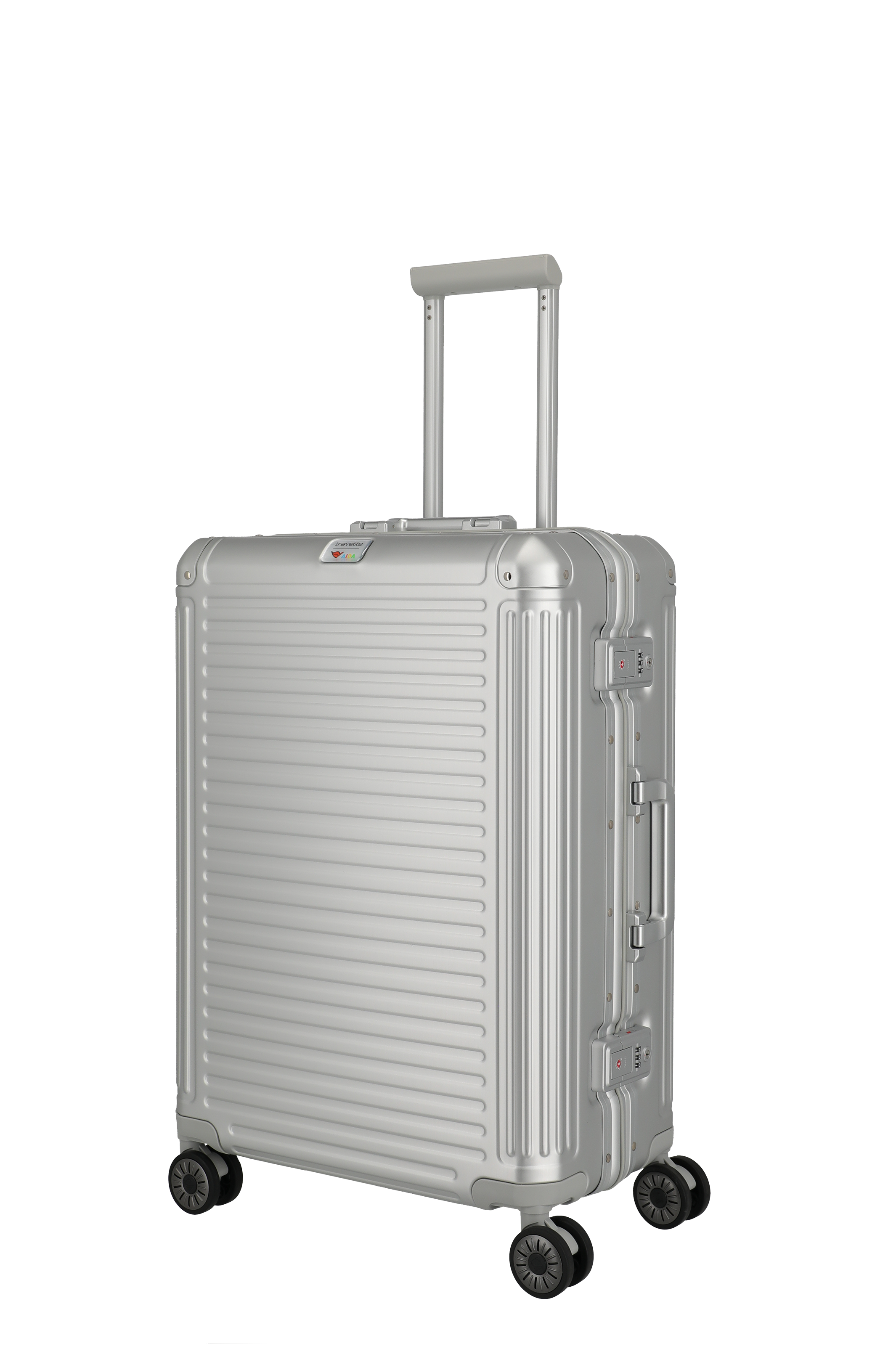 Hochwertiger silberner Hartschalen-Trolley mit vier Rollen und Teleskopgriff