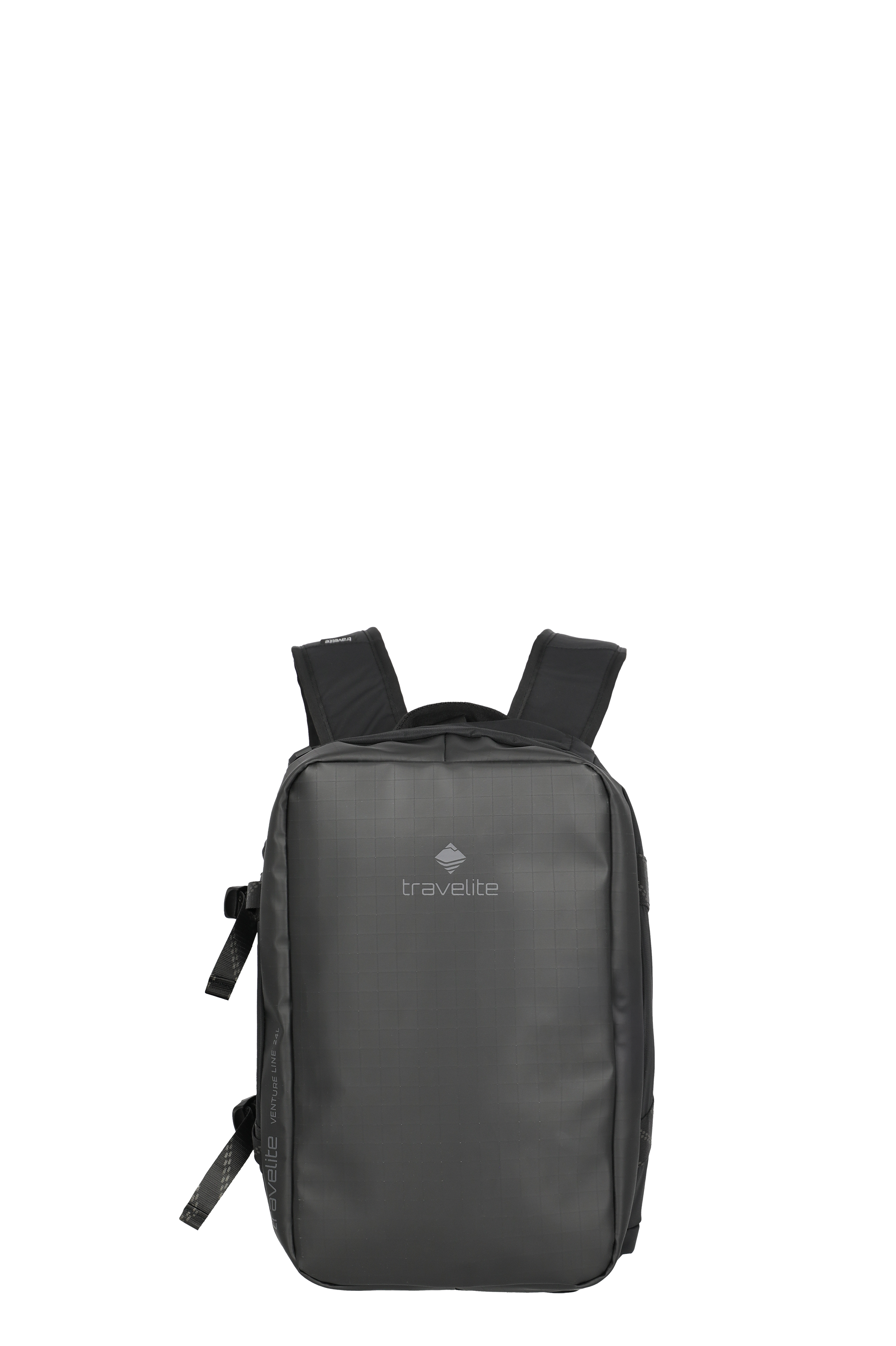 Bolsa de viaje negra sobre fondo negro. La bolsa tiene asas y tirantes con un dibujo de rombos. Se ven dos cremalleras y un compartimento con la palabra "travel". En la parte inferior está escrito "VENTURE LINE 24L".