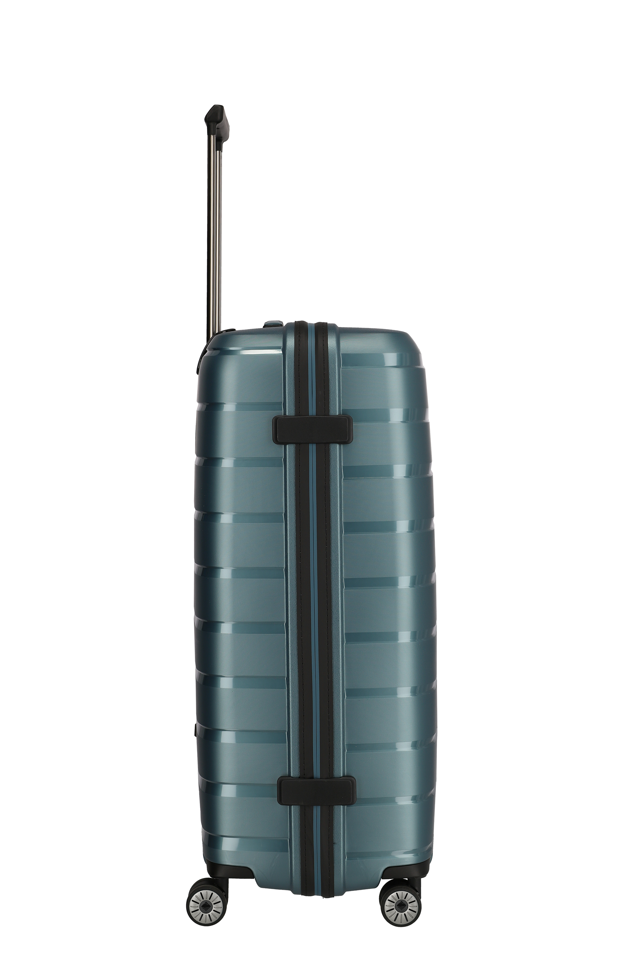 Moderner Hartschalenkoffer in Blau mit vier Rollen und Teleskopgriff – Seitenansicht