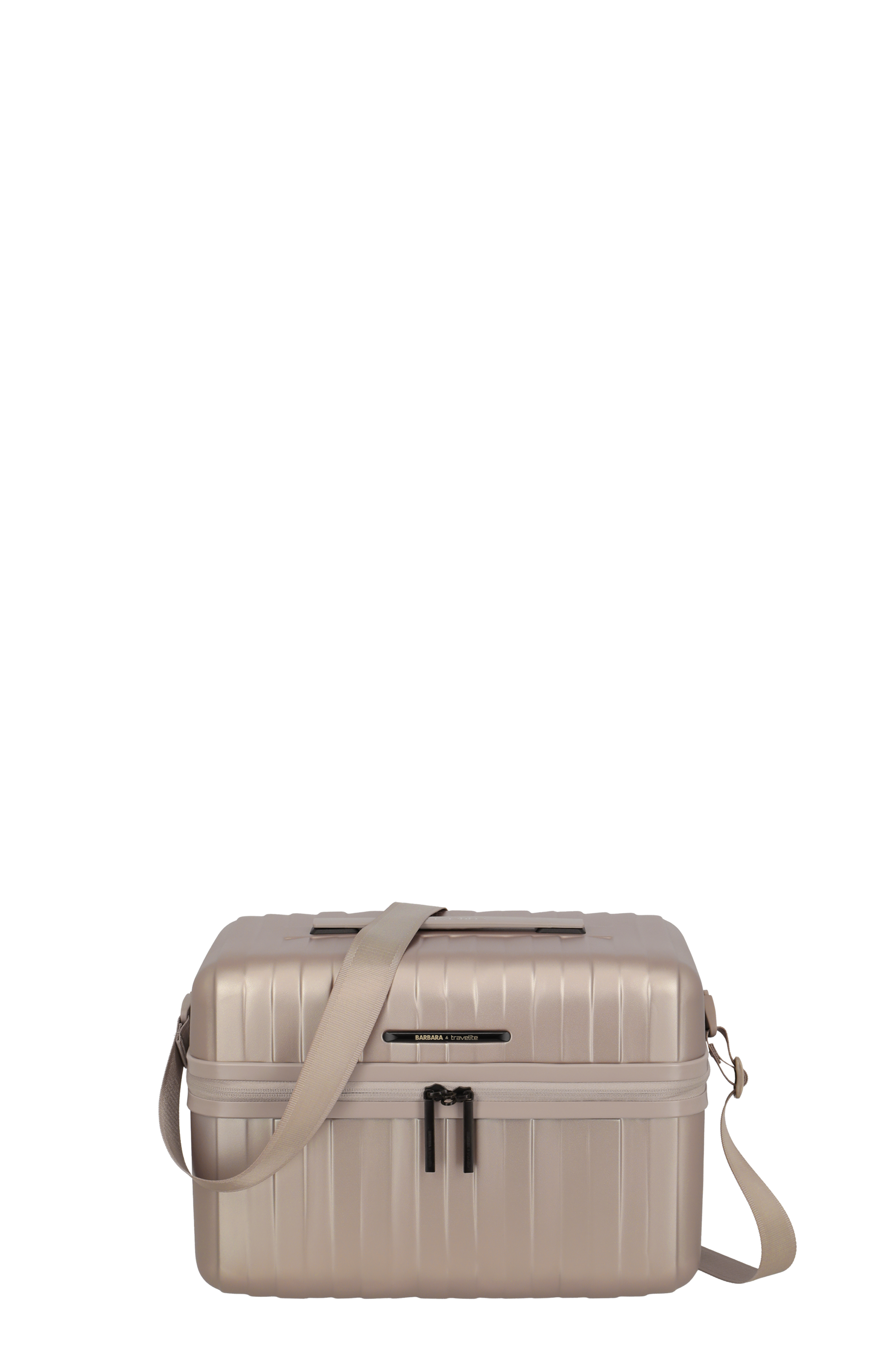 Elegante Hartschalen-Kosmetiktasche in Beige mit Tragegurt für Reisen Beigefarbene Kosmetiktasche aus Hartschale mit Schultergurt und Reißverschluss, ideal für das Reisen