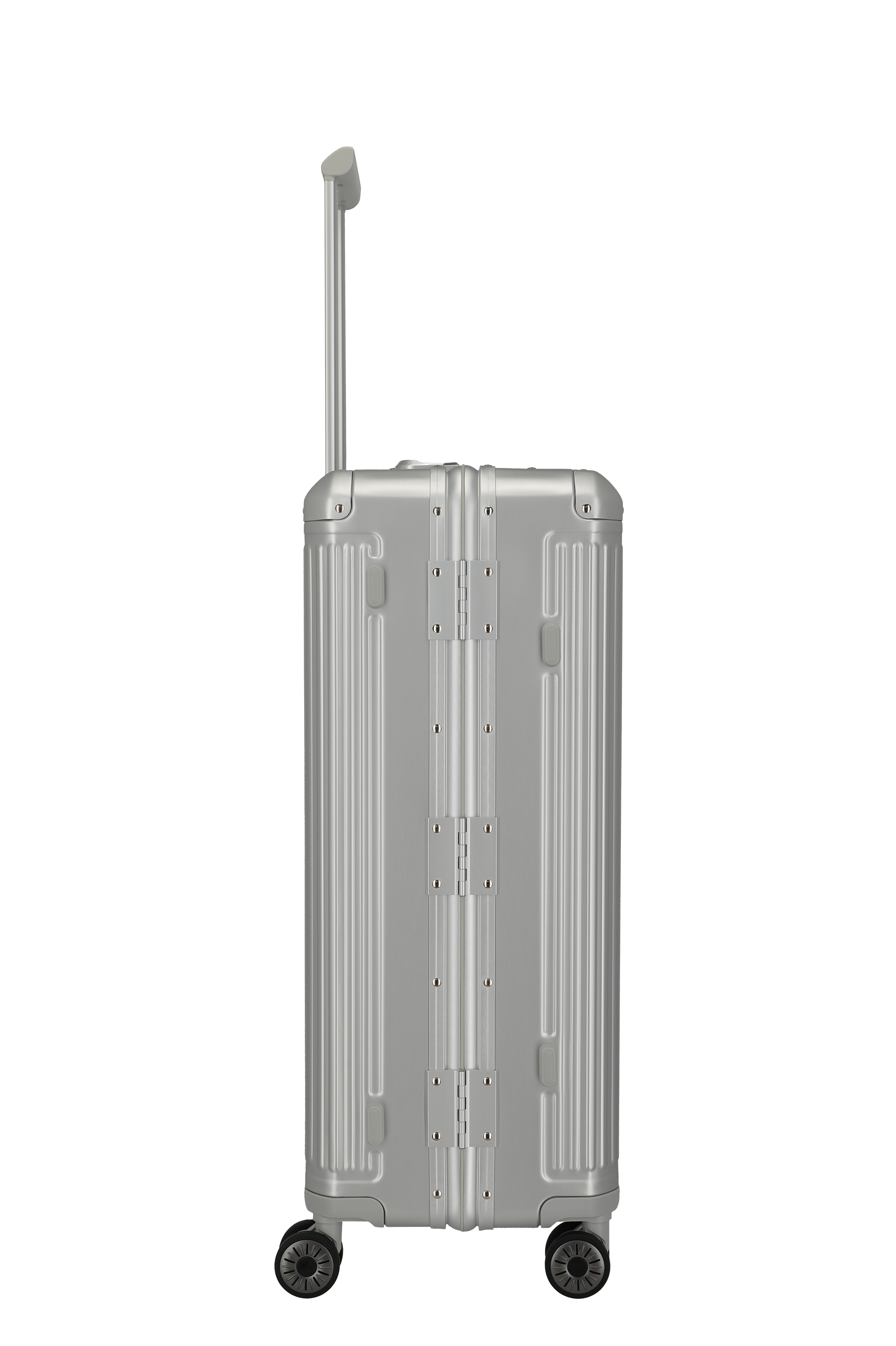 Stabiler silberner Hartschalenkoffer mit Rollen und Teleskopgriff – Reisegepäck in moderner Optik