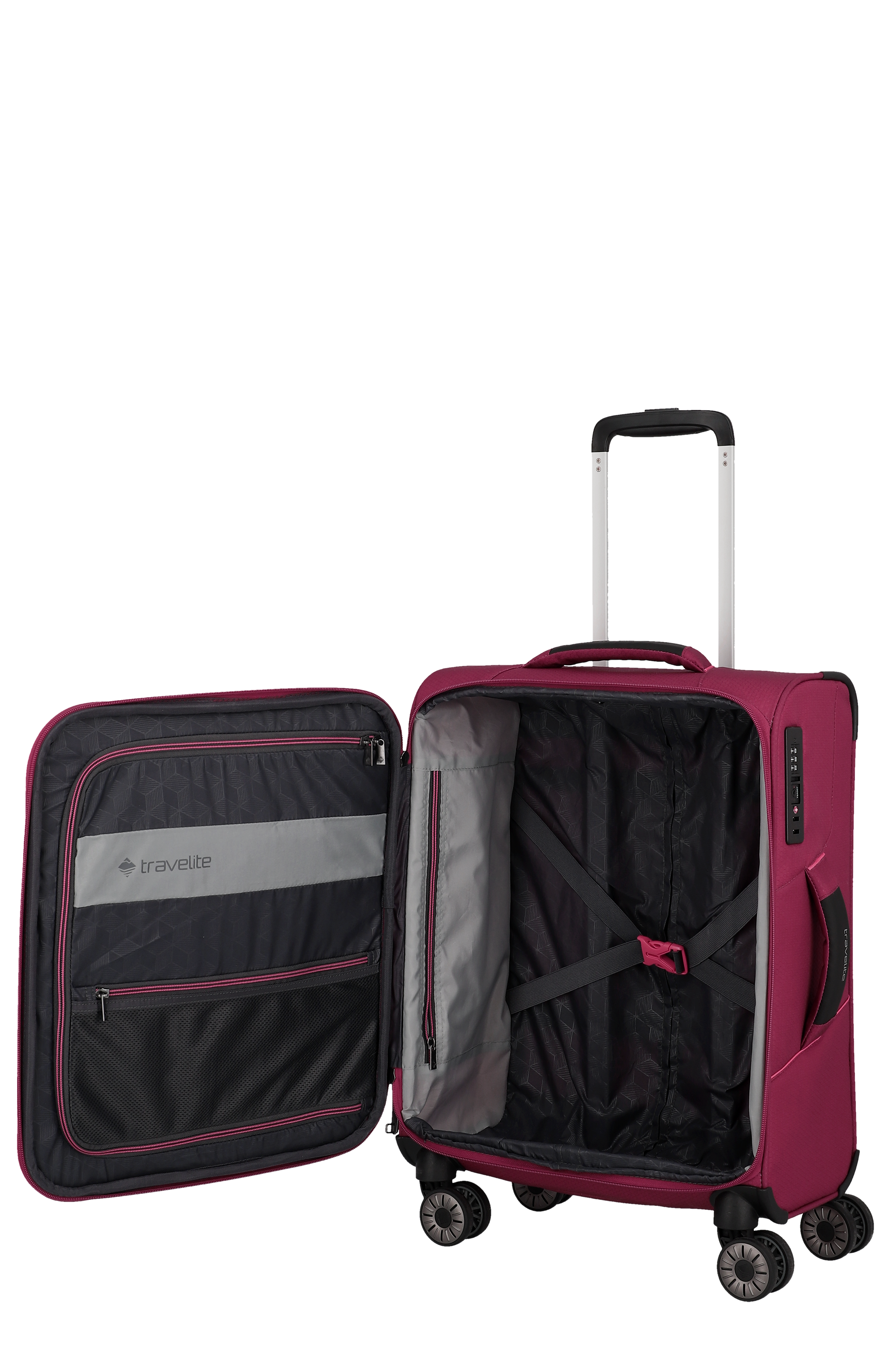 Roter Travelite Trolley-Koffer, geöffnet, mit Teleskopgriff und Organizerfächern