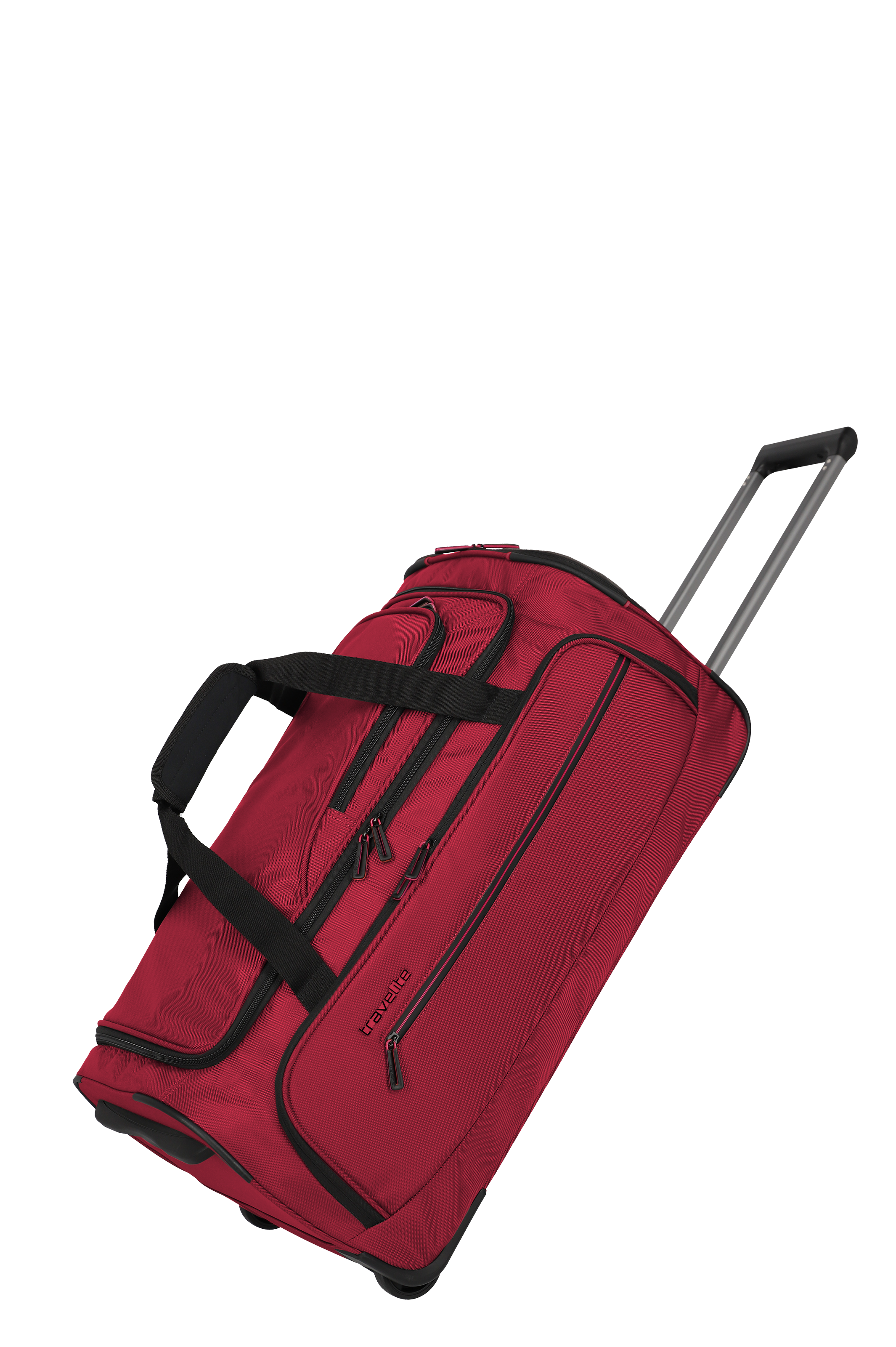 Rote Reisetasche mit schwarzem Reißverschluss, Rollen und ausziehbarem Teleskopgriff, ideal für Reisen
