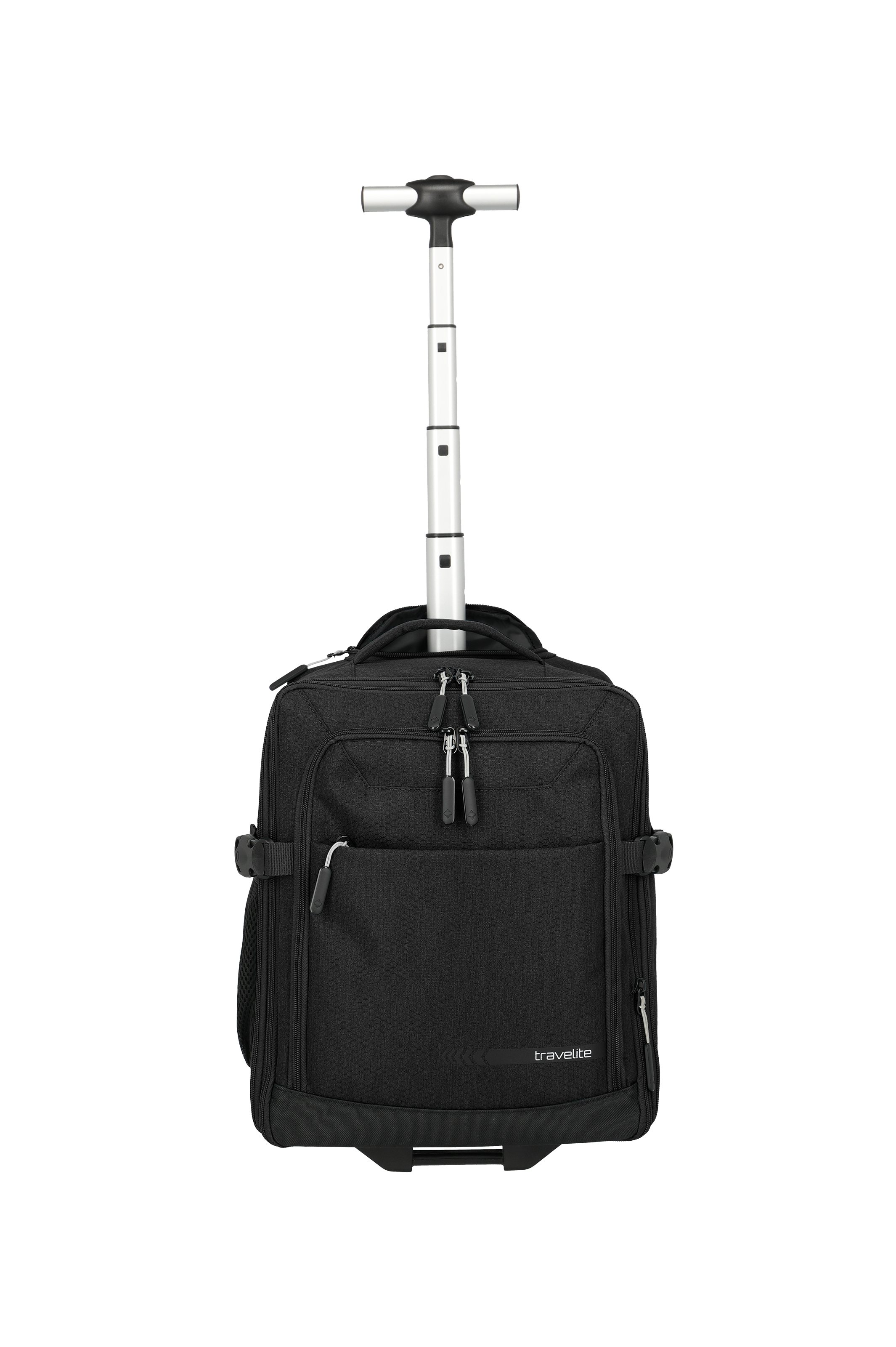 A black trolley backpack from the Travelite brand stands in the centre against a black background. The telescopic handle is extendable, white and has a black T-handle. Zips and outside pockets are visible.