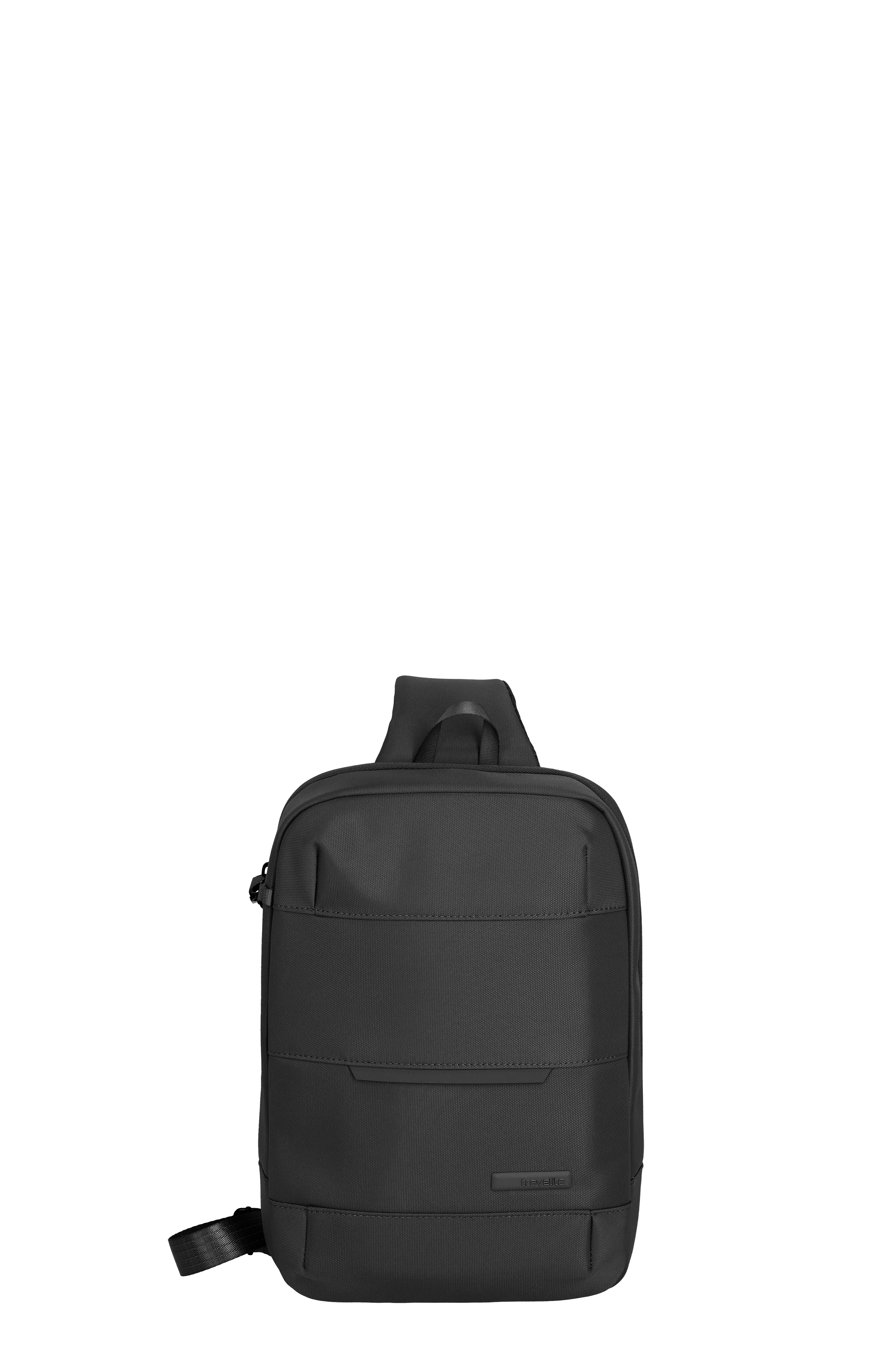 Zaino nero compatto in tessuto con una sola tracolla, dal design semplice e minimalista