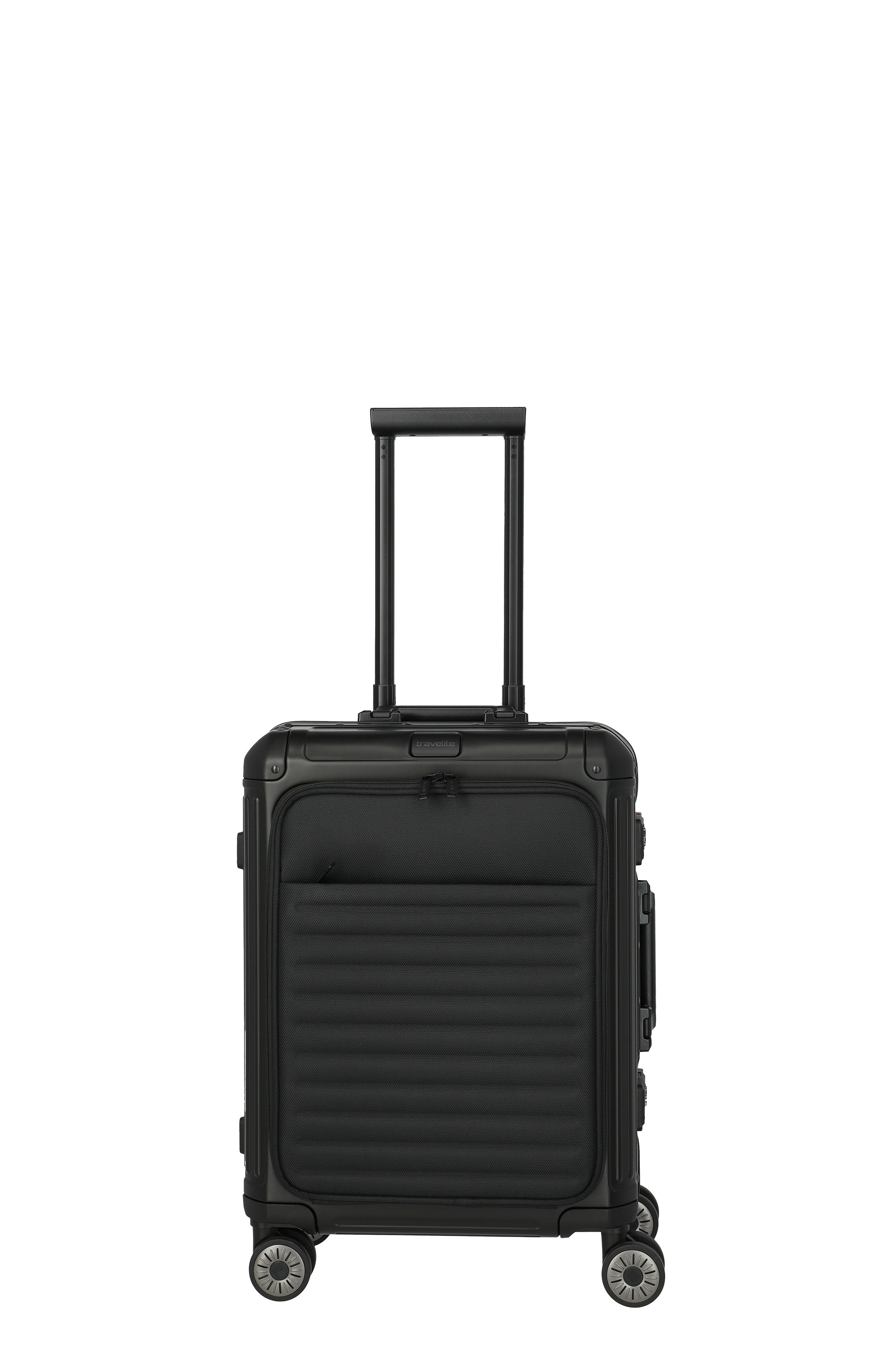 Schwarzer Kabinen-Trolley mit Teleskopgriff und vier Rollen, ideal als Handgepäck für Flugreisen Moderner schwarzer Handgepäck-Koffer mit Fronttasche, Teleskopgriff und vier leichtgängigen Rollen