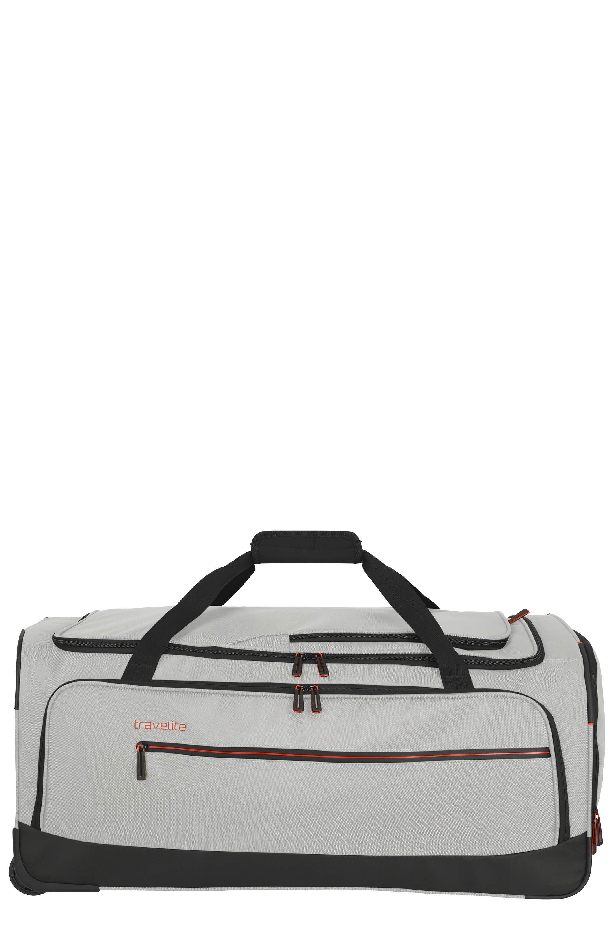 travelite Reisetasche in Grau mit schwarzen und roten Akzenten, geräumig und robust, ideal für Urlaub und Sport