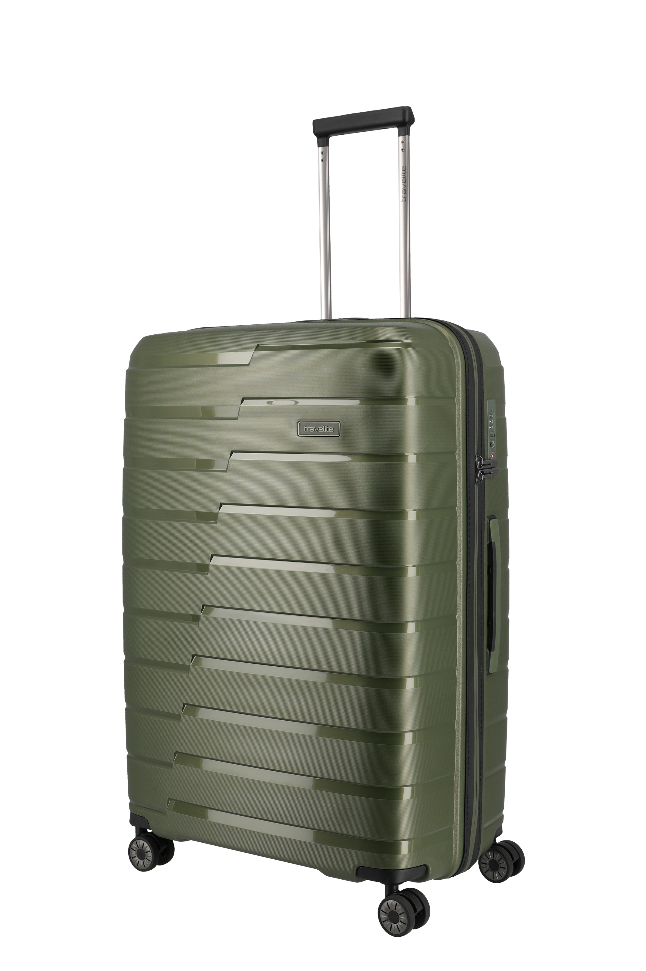 Stabiler, großer Hartschalenkoffer in Olivgrün mit vier Rollen und Teleskopgriff