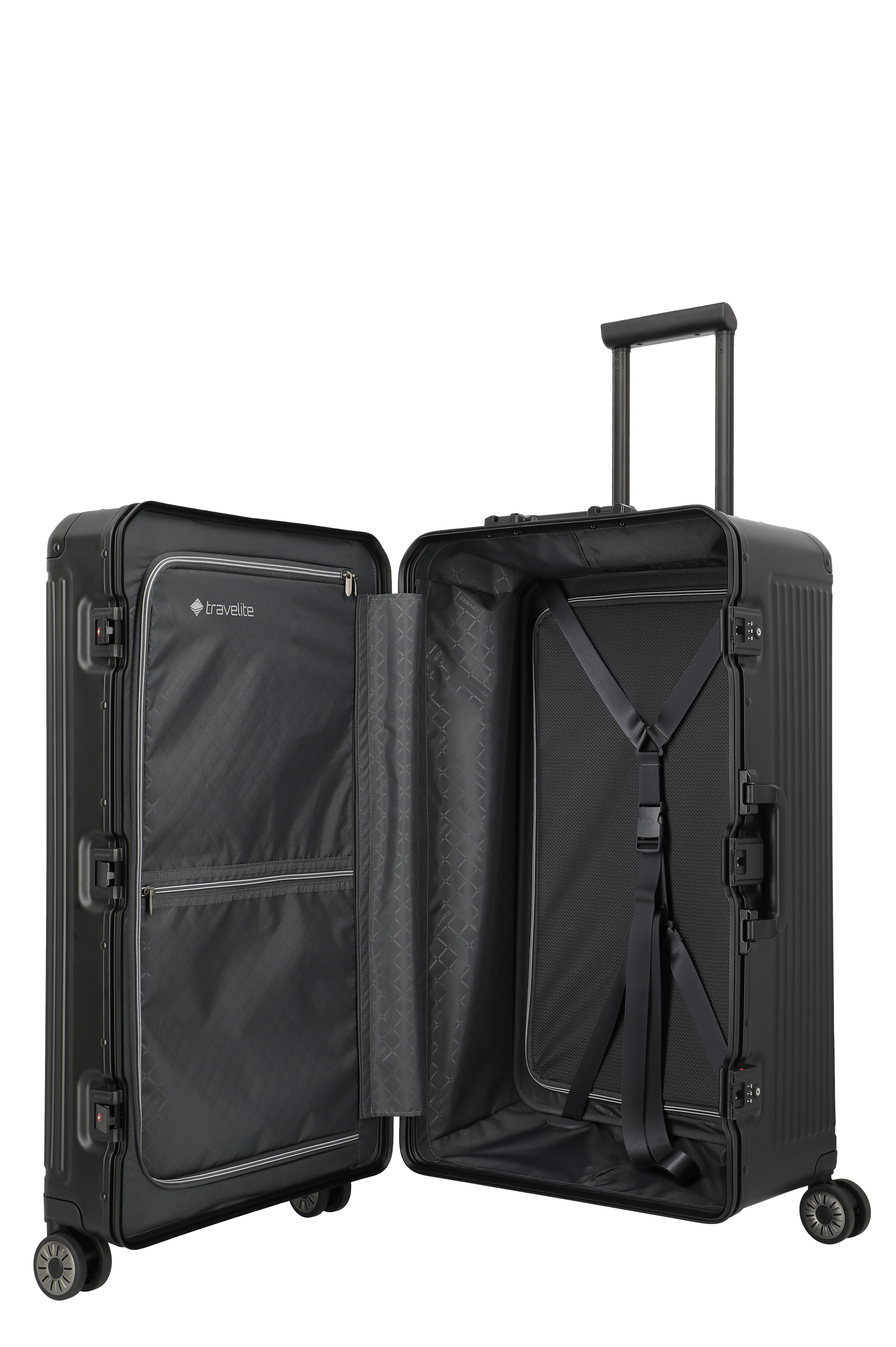 Großer schwarzer Reisekoffer von Travelite mit vier Rollen und geöffnetem Innenraum