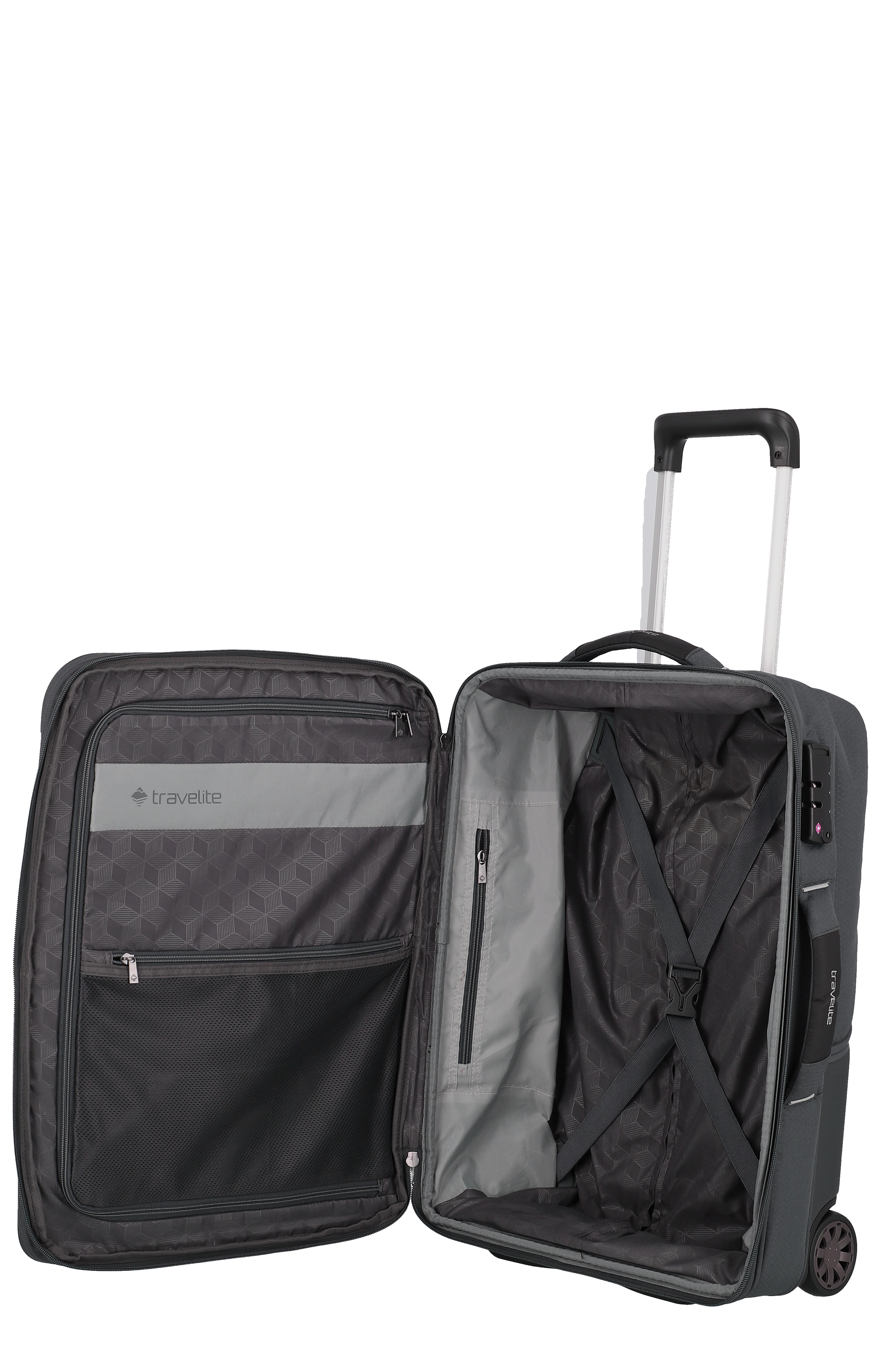 Travelite Weichschalen-Trolley in Dunkelgrau, geöffnet mit Innenanblick und Packgurten