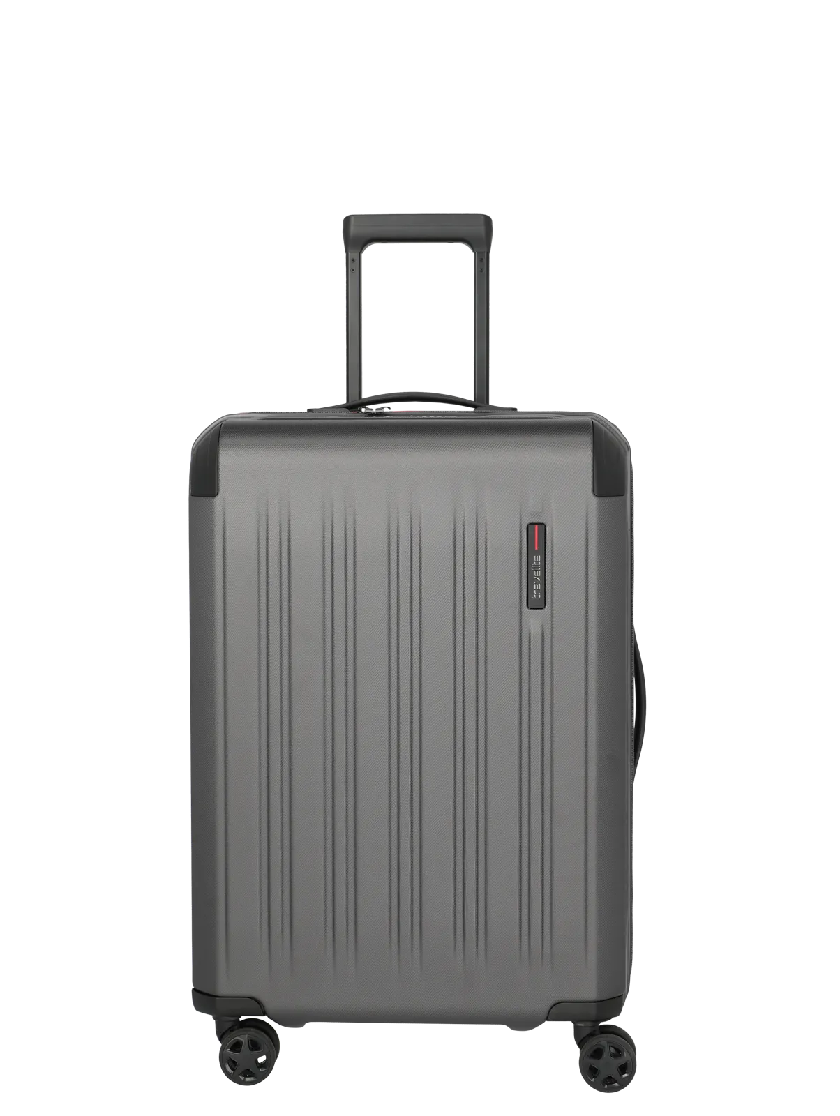 Robuster Hartschalenkoffer in Grau mit vier Rollen und Teleskopgriff