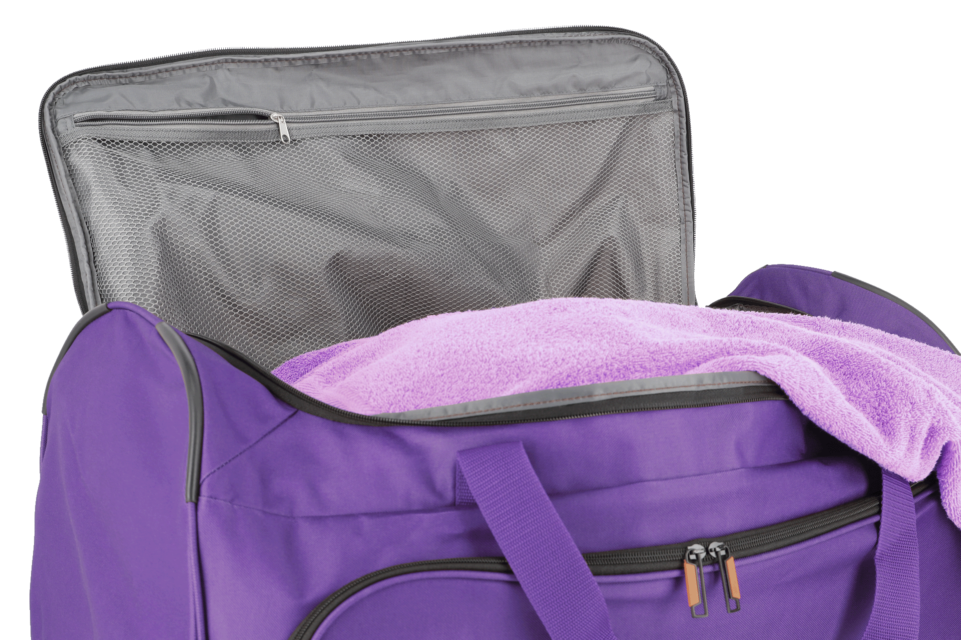 Violette Sporttasche mit geöffnetem Hauptfach und Handtuch