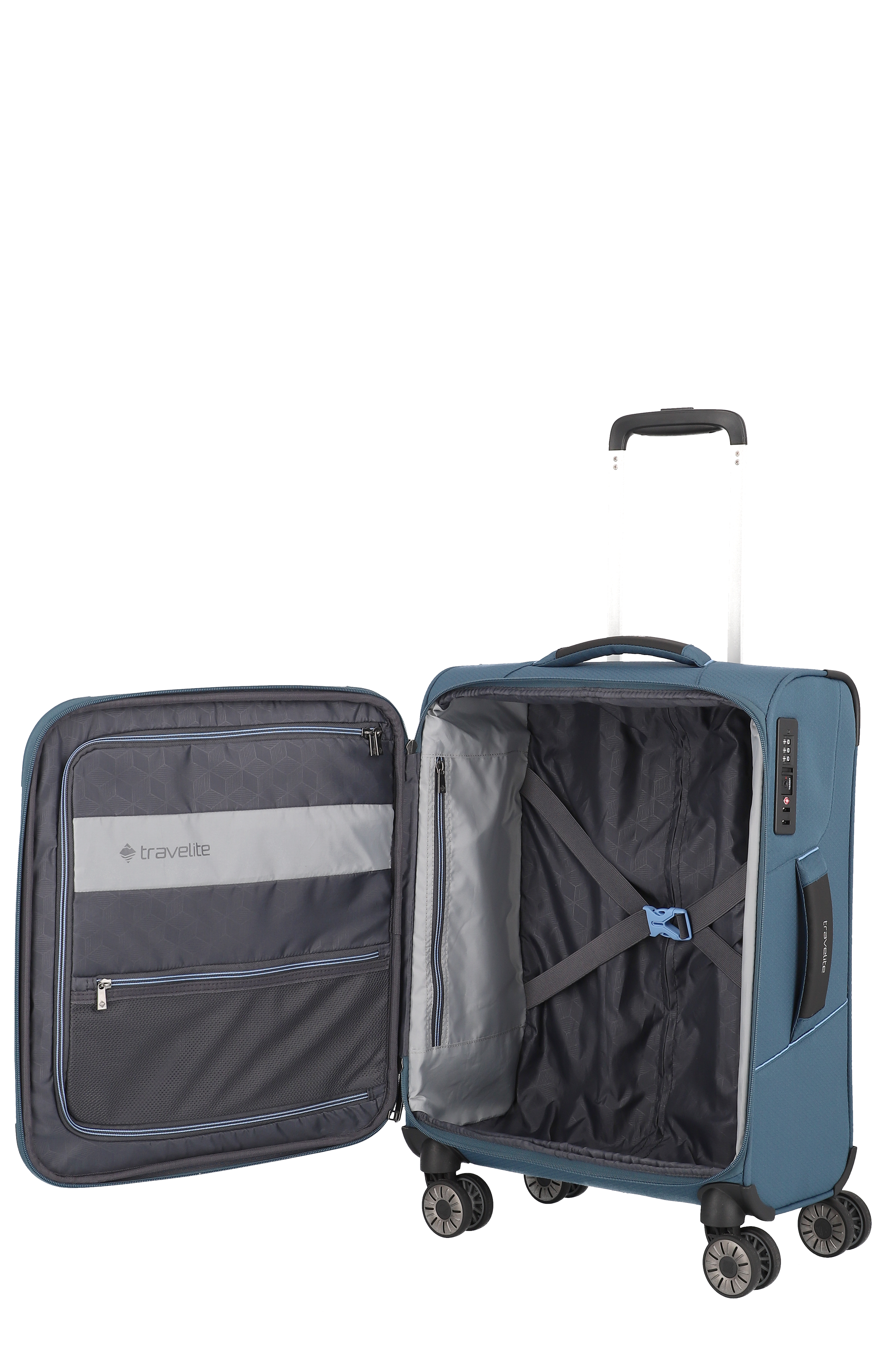 Leichter Trolley-Koffer von Travelite in Blau mit vier Rollen, aufklappbar mit Innenfächern und Kreuzspanngurten