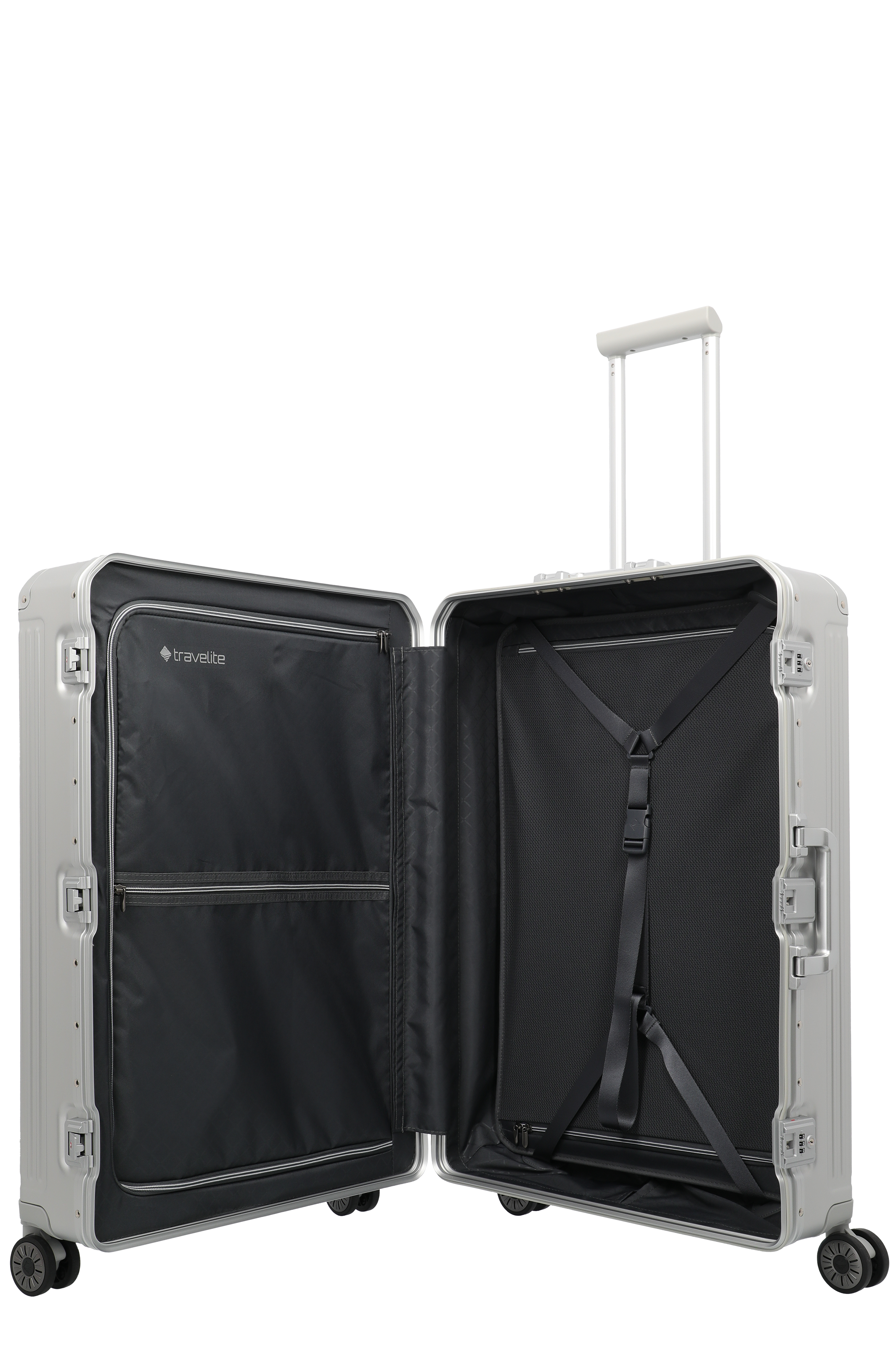 Geöffneter Hartschalenkoffer mit Innenfächern und Spanngurten von travelite