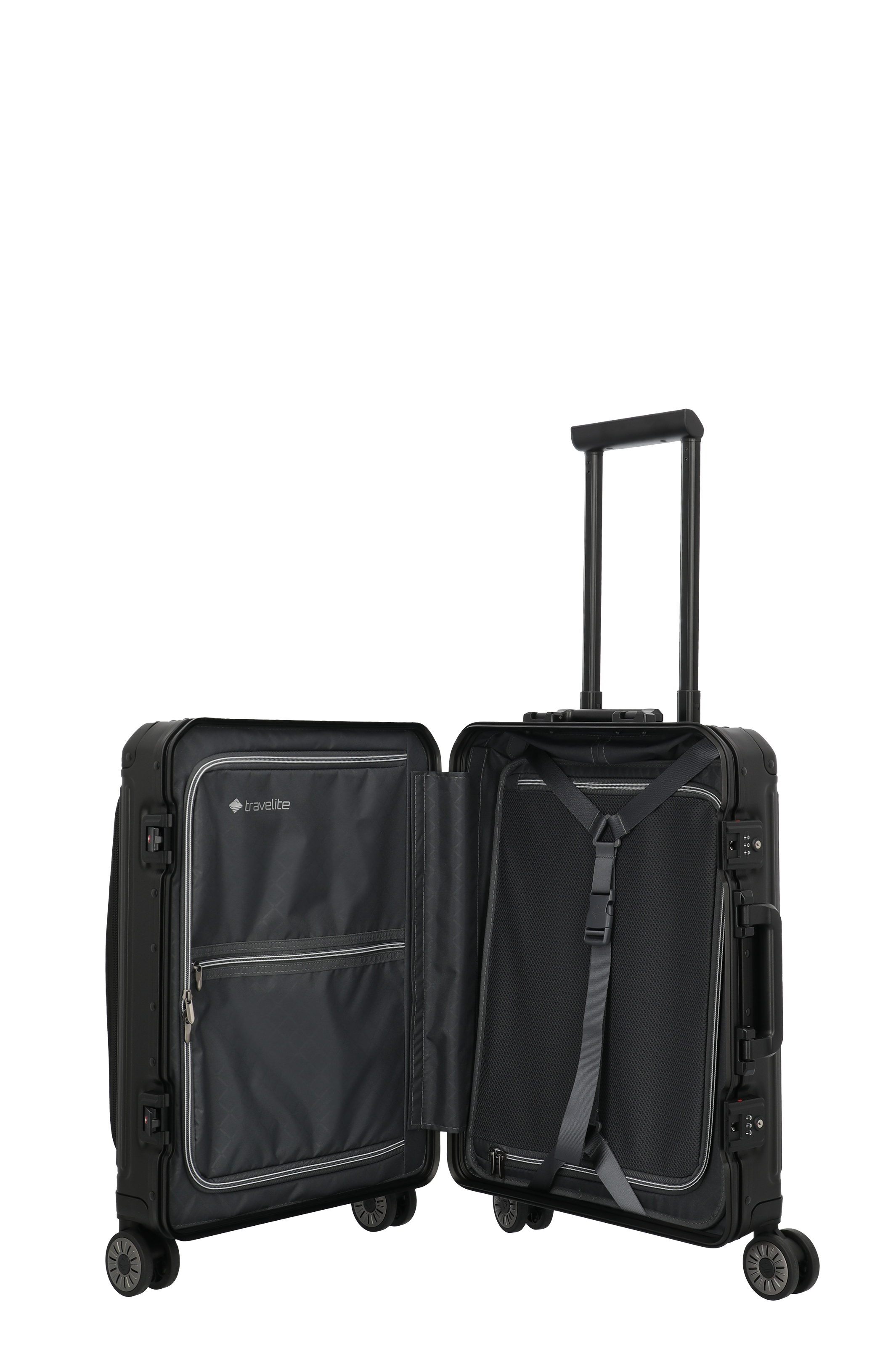Schwarzer Hartschalenkoffer von travelite mit geöffnetem Innenraum und Teleskopgriff