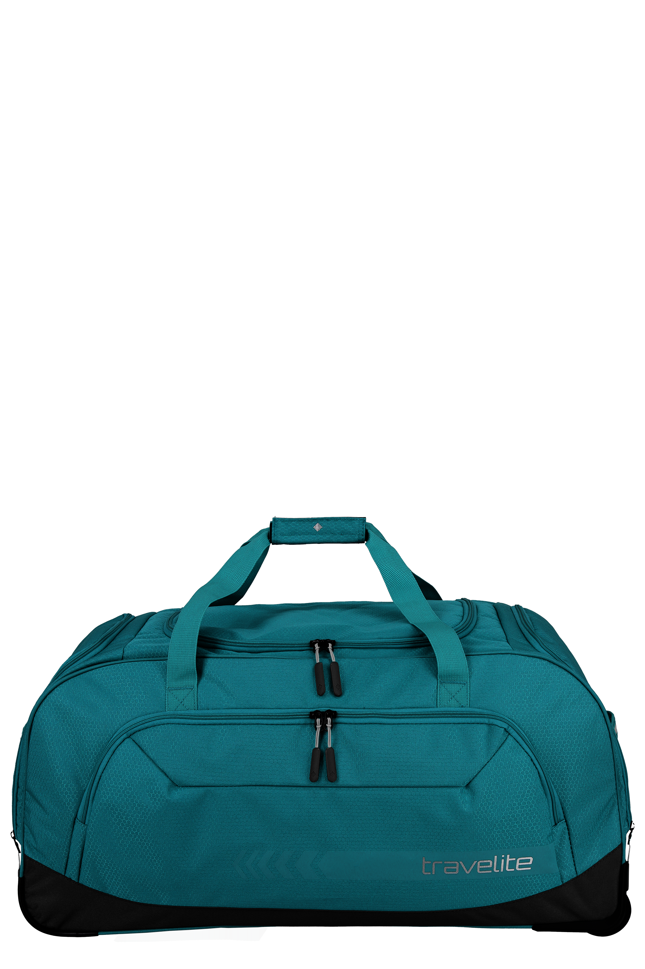 A turquoise-coloured TRAVELITE roll-up travel bag XL lies diagonally with the handle extended against a black background. Zips, carrying handles and the TRAVELITE logo are clearly visible. The bag looks robust and spacious.