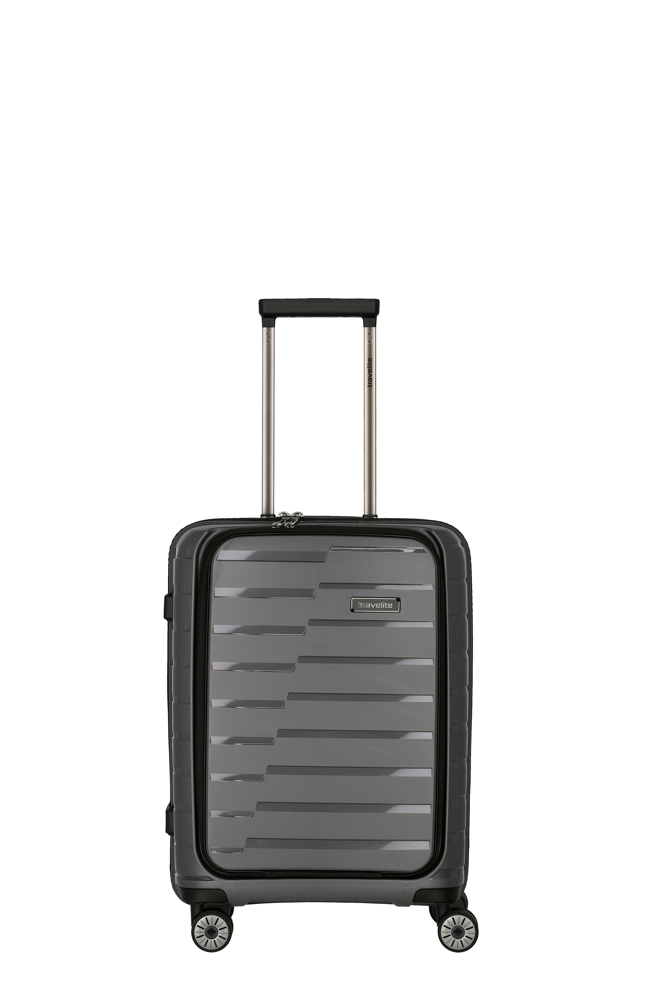 Travelite Handgepäck Koffer Hartschale, grau, mit Teleskopgriff und 4 Rollen Grauer Travelite Hartschalenkoffer mit Teleskopgriff und vier Rollen, geeignet als Handgepäck