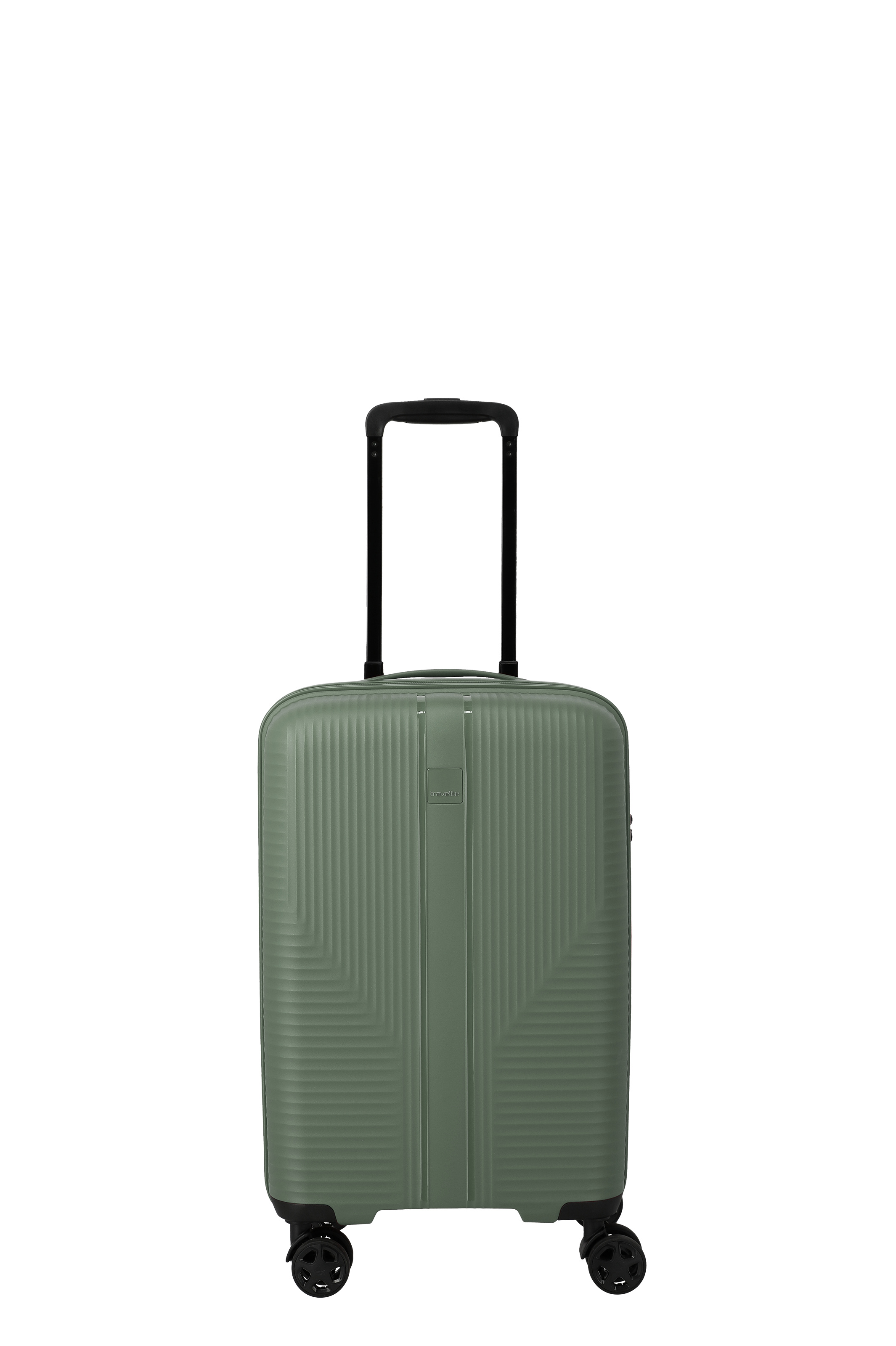 Un trolley verde oliva di TRAVELITE si staglia su uno sfondo nero. Ha un manico telescopico nero e quattro ruote. La superficie della valigia è decorata con un motivo geometrico. È la misura più piccola (S Slim) di un set di 3 pezzi.