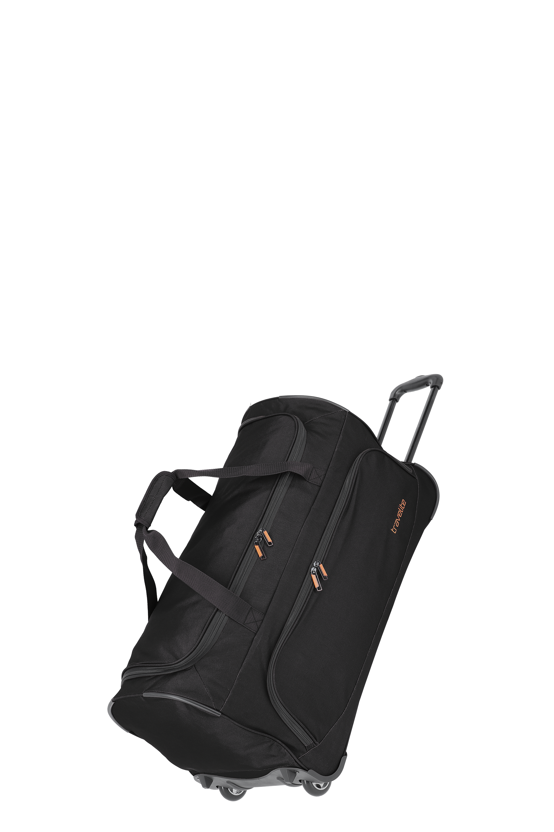 Große schwarze Reisetasche mit zwei Rollen und orangenen Reißverschlussdetails von Travelite