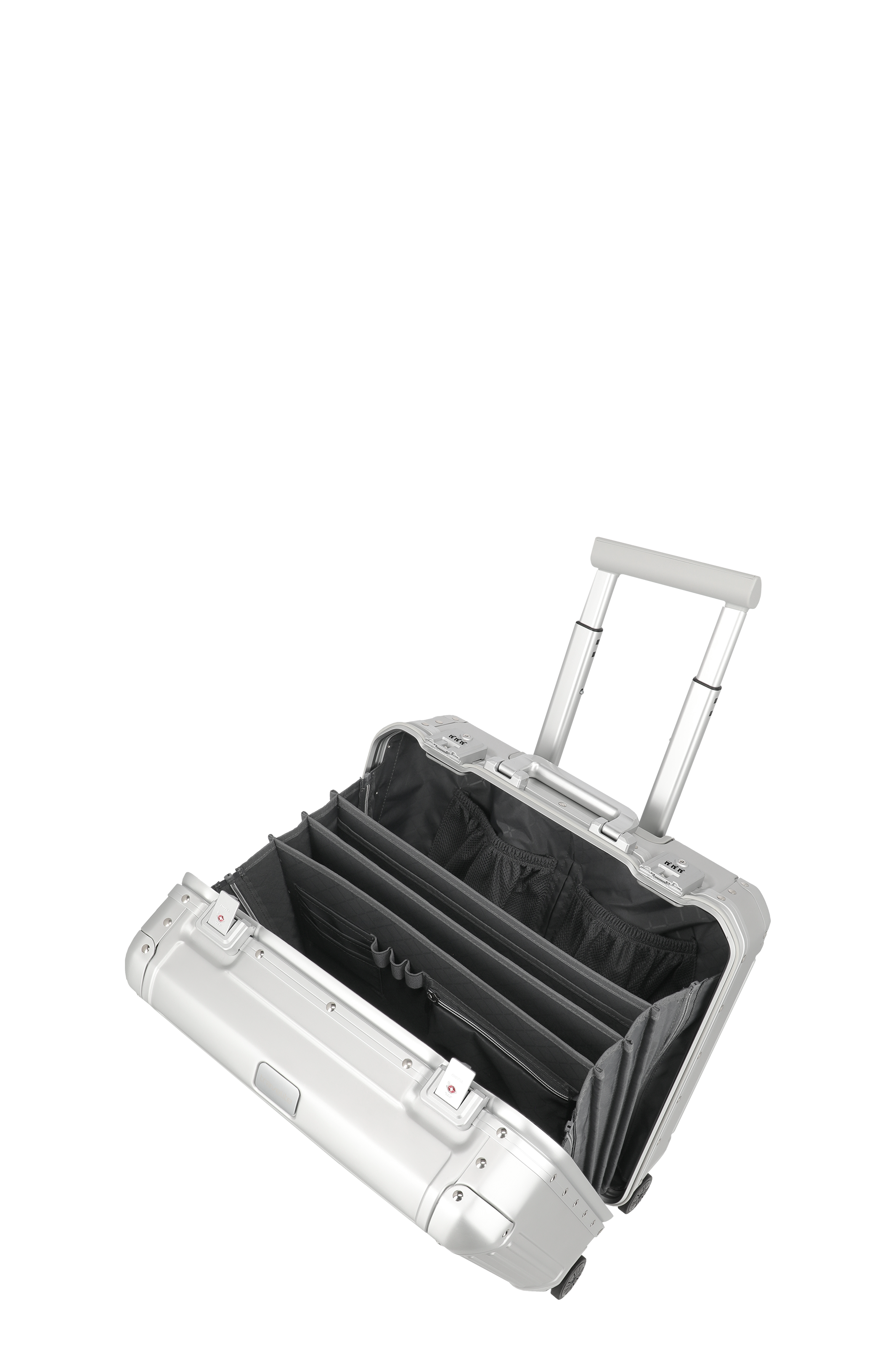 Hochwertiger silberner Business-Trolley aus Aluminium mit ausziehbarem Griff und mehreren Innenfächern, geöffnet