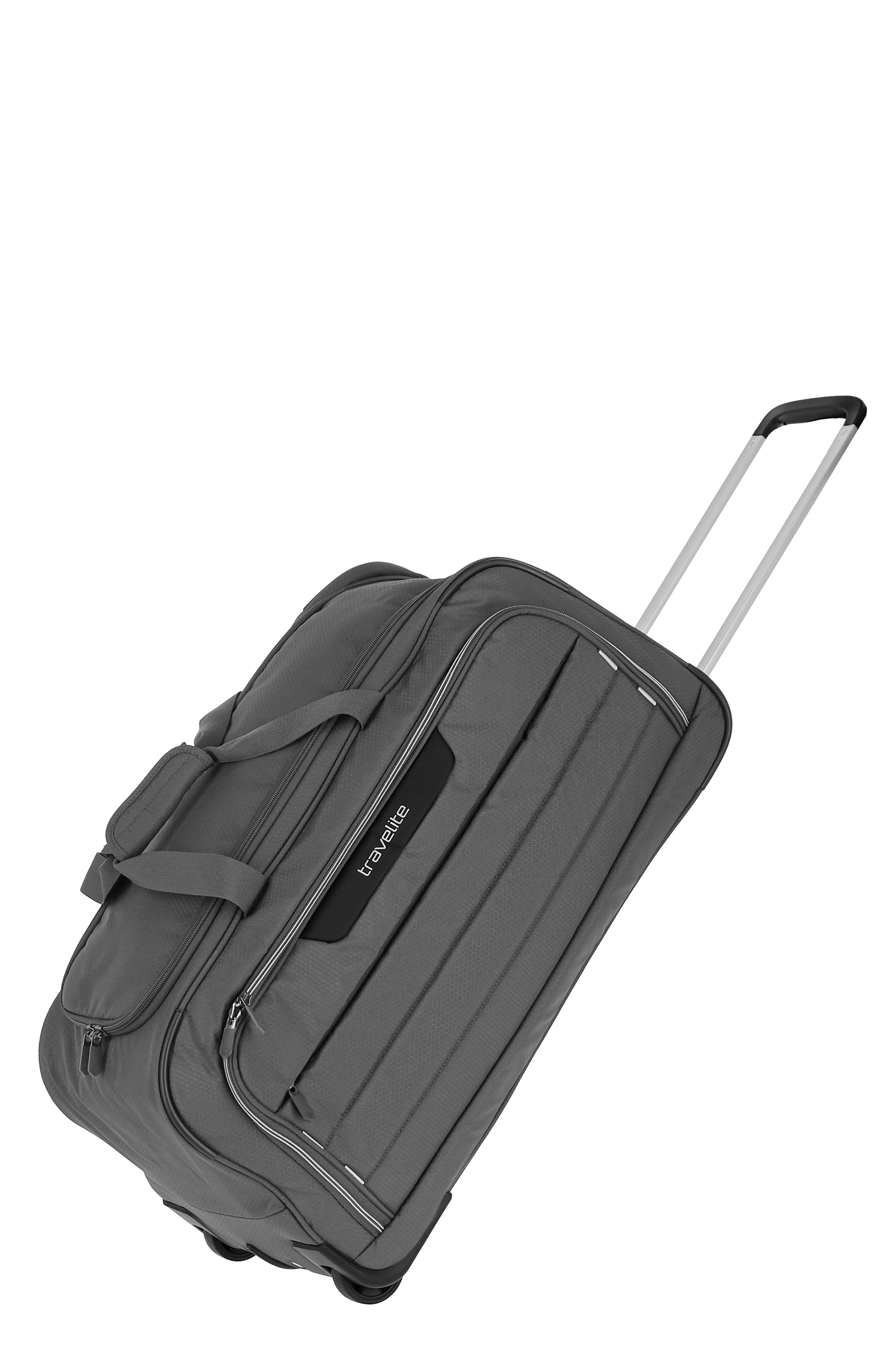 Graue Travelite Reisetasche mit Teleskopgriff und Rollen, ideal für komfortables und flexibles Reisen