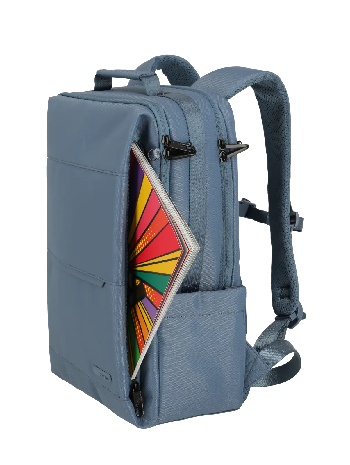 Hellblauer moderner Rucksack mit geräumigem Fach und farbenfrohem Heft in der Fronttasche, ideal für Schule oder Büro