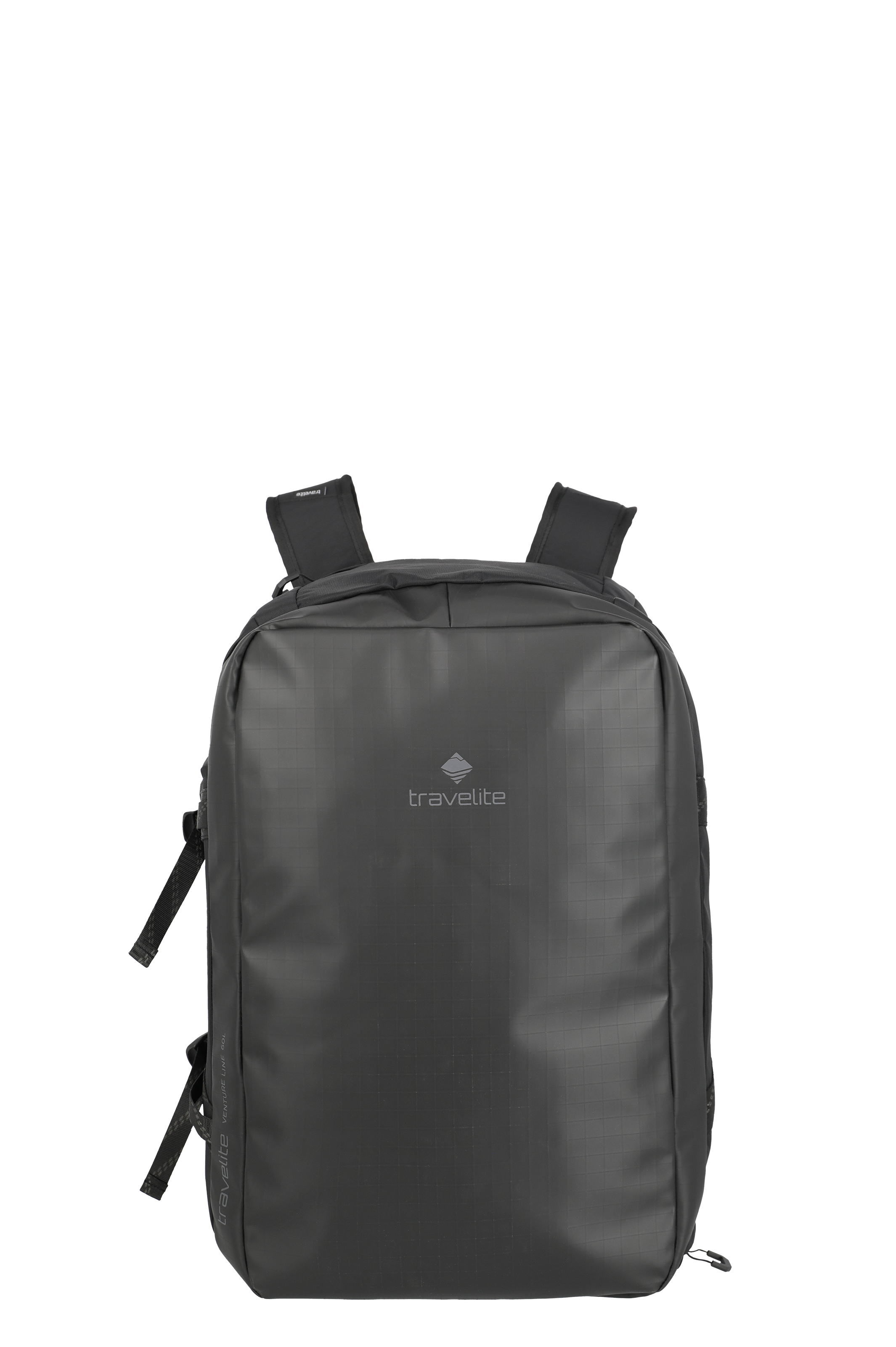Mochila negra con logotipo central "travelite", estampado cuadrado y tirantes negros. Tirantes laterales y estampado "travelite Venture Line GOL". Fondo negro liso.