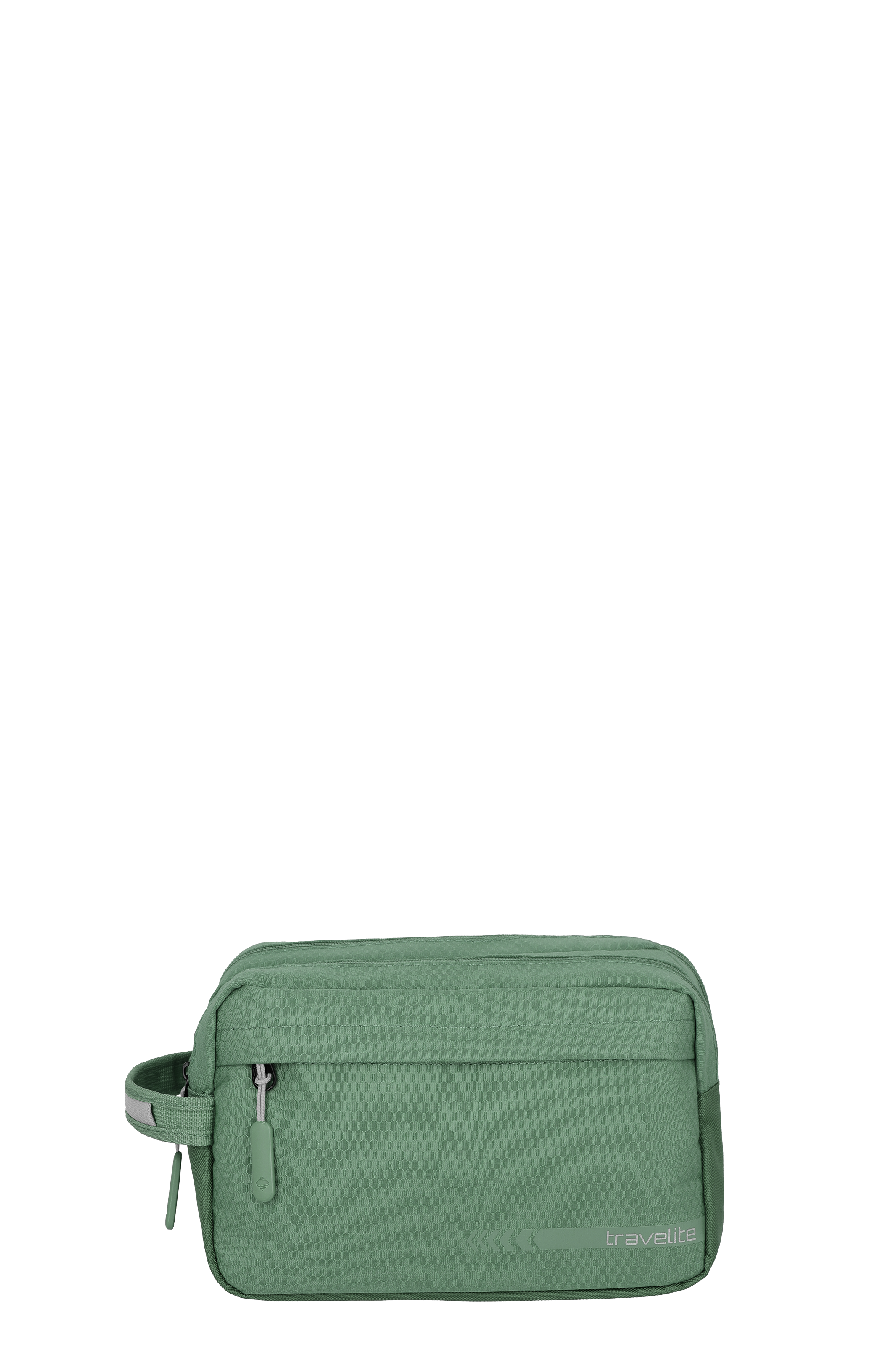 Borsa da toilette TRAVELITE verde con motivo fine e cerniera argentata. Sul lato è fissata una maniglia per il trasporto e il marchio "TRAVELITE".