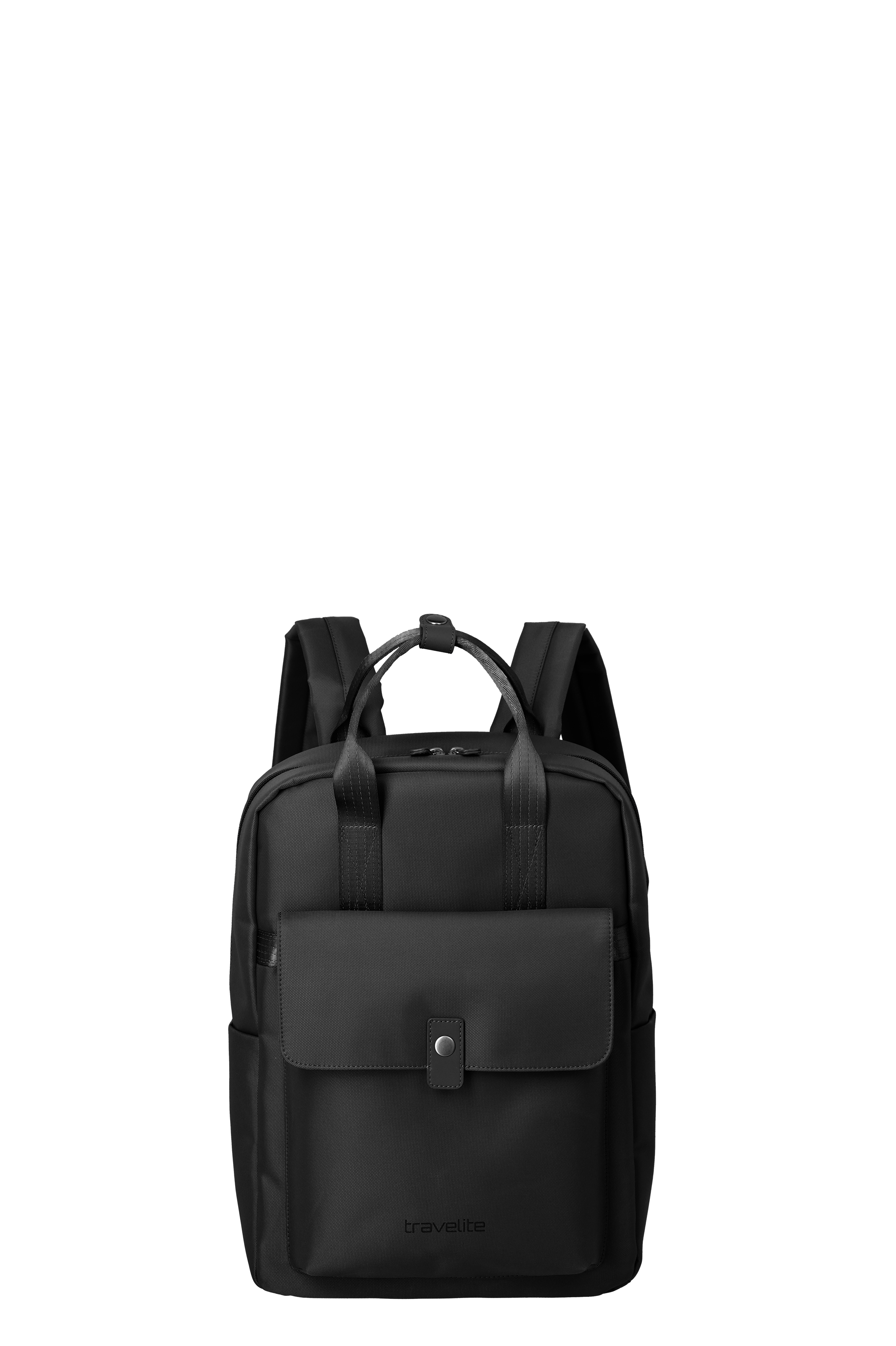 A light green rucksack with carrying handle and shoulder straps can be seen against a white background. A button pocket with "travelite" lettering can be seen at the front. The straps and handles are made of fabric.