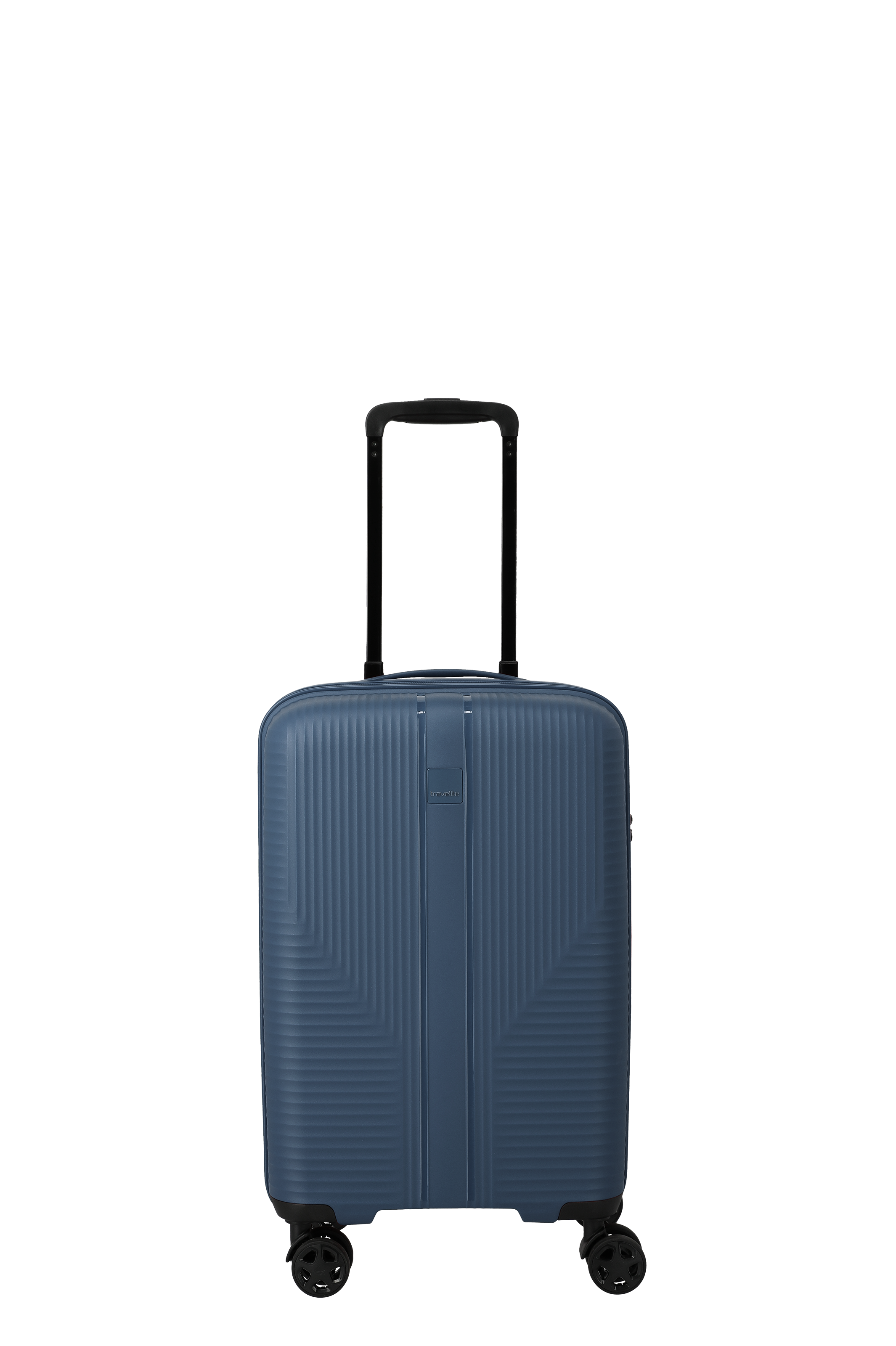 Ein blauer Slim Koffer von TRAVELITE steht aufrecht, mittig auf schwarzem Hintergrund. Der Koffer hat vier schwarze Rollen und einen schwarzen ausziehbaren Griff. Das Gehäuse ist mit einem linearen Muster versehen, das horizontal verläuft.