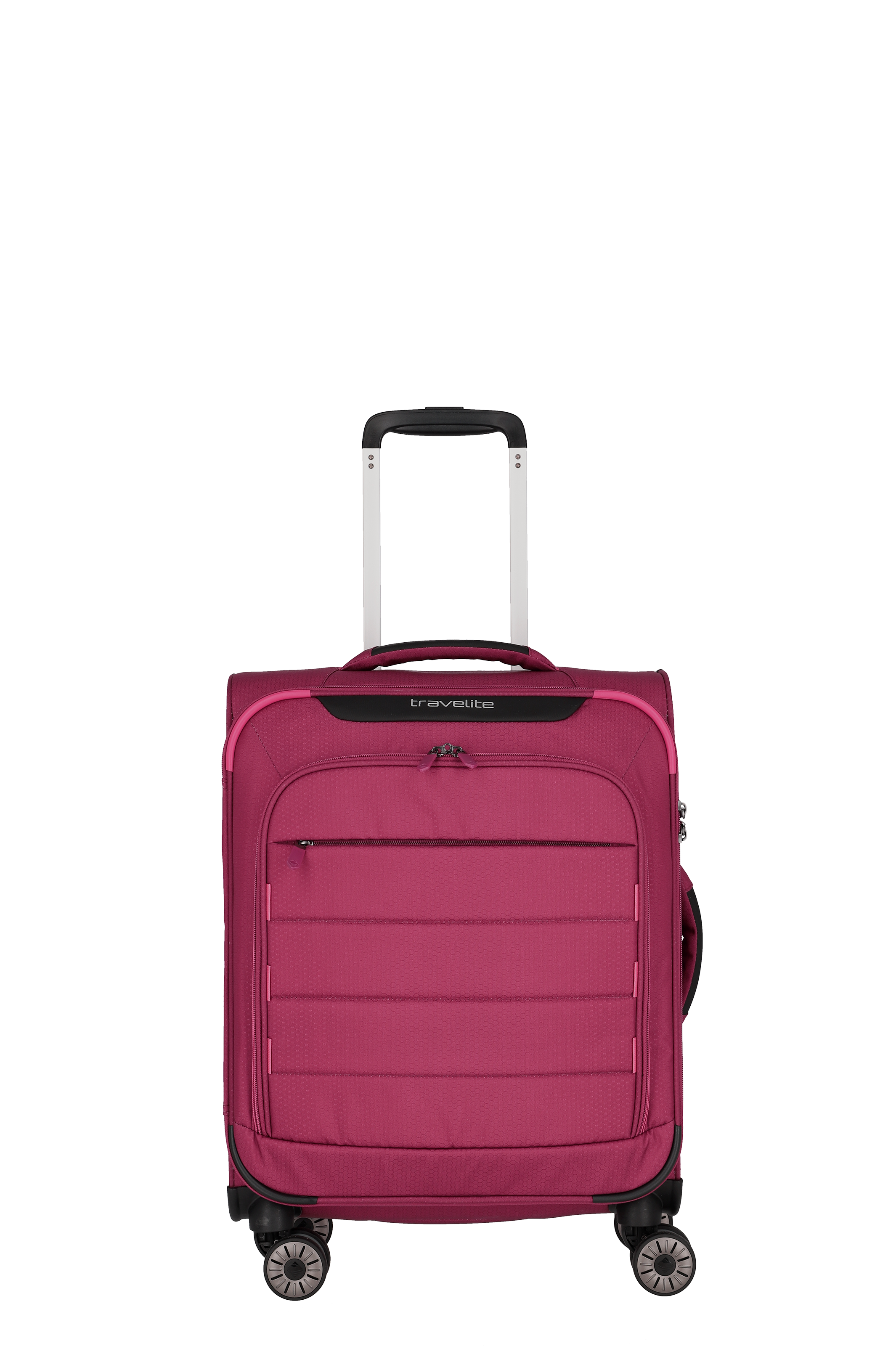 Rosa Travelite Koffer mit vier Rollen und ausziehbarem Teleskopgriff, ideal als Handgepäck für Reisen