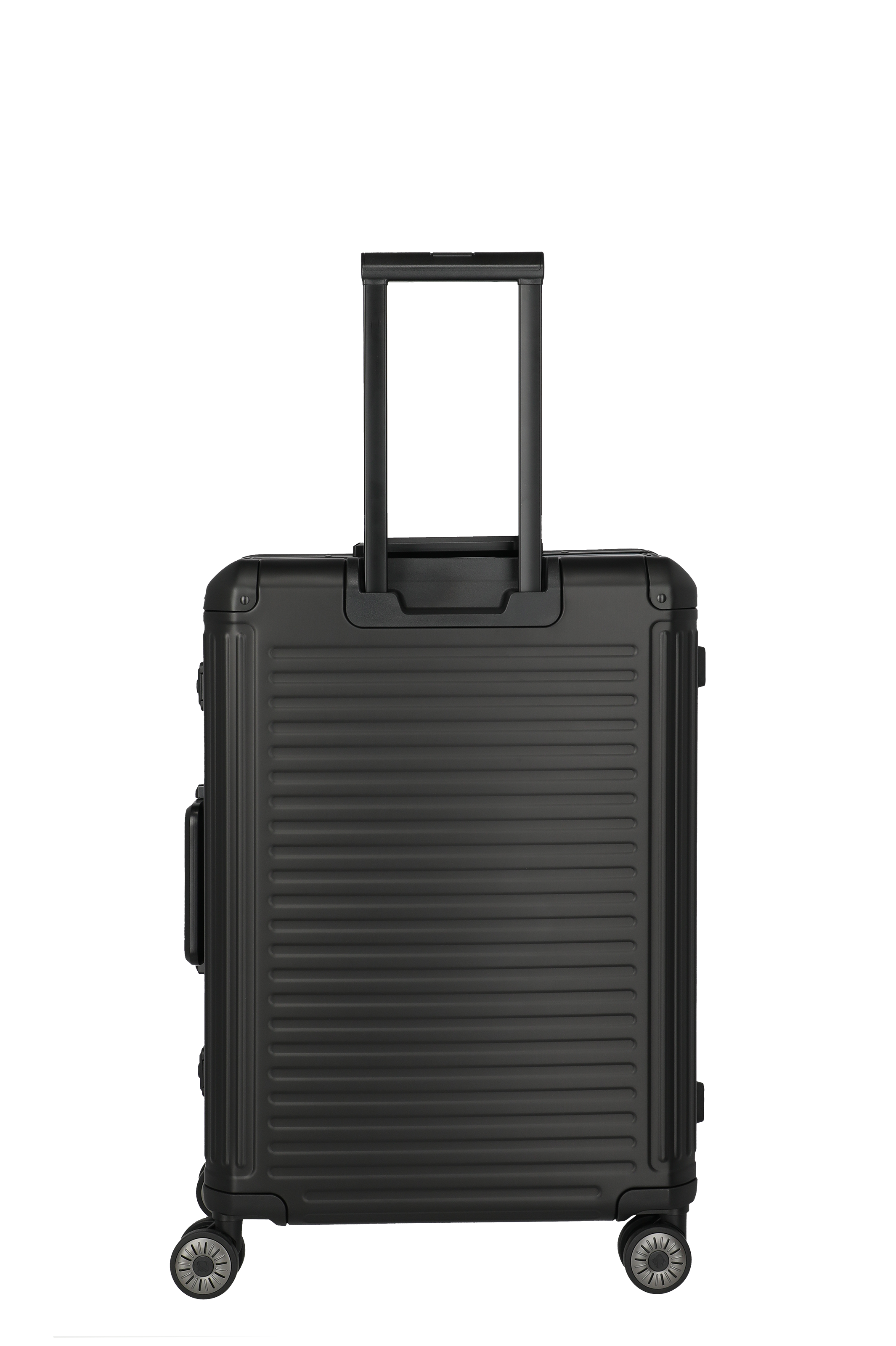 Moderner schwarzer Hartschalenkoffer mit Teleskopgriff und vier Rollen